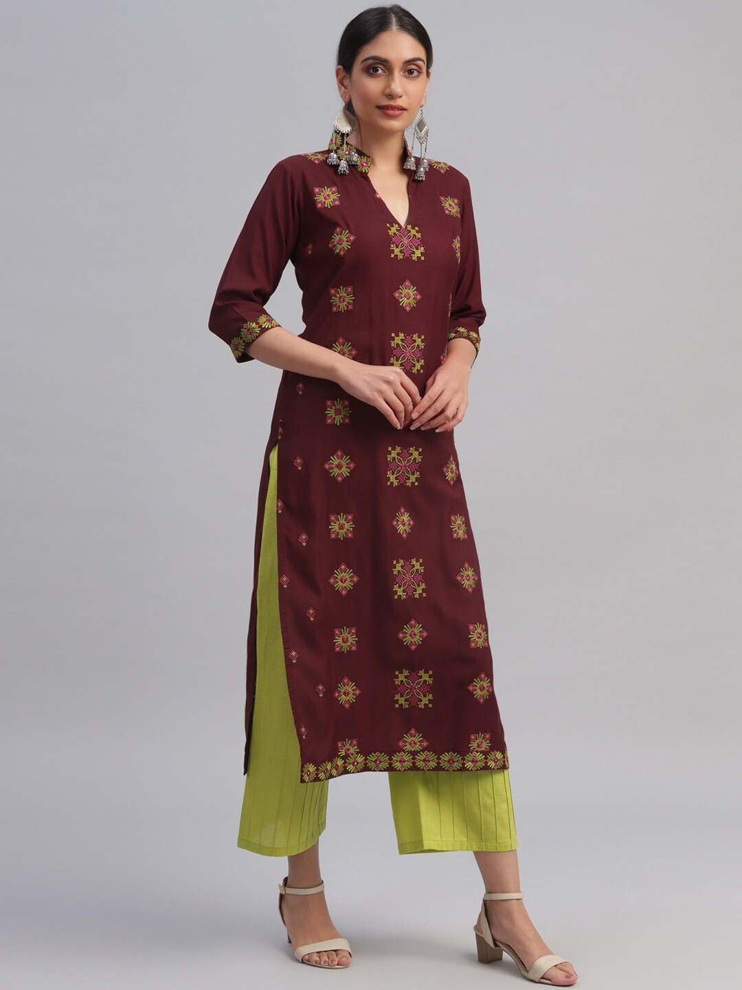 

Libas Women Maroon Woven Design Straight Kurta