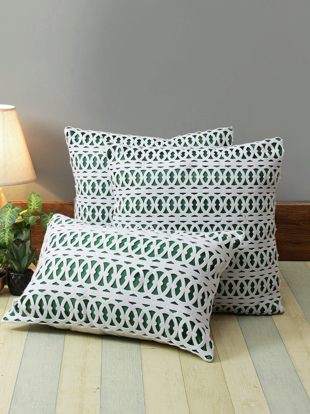 

ROMEE Green & White Set of 3 Geometric Cushion Covers