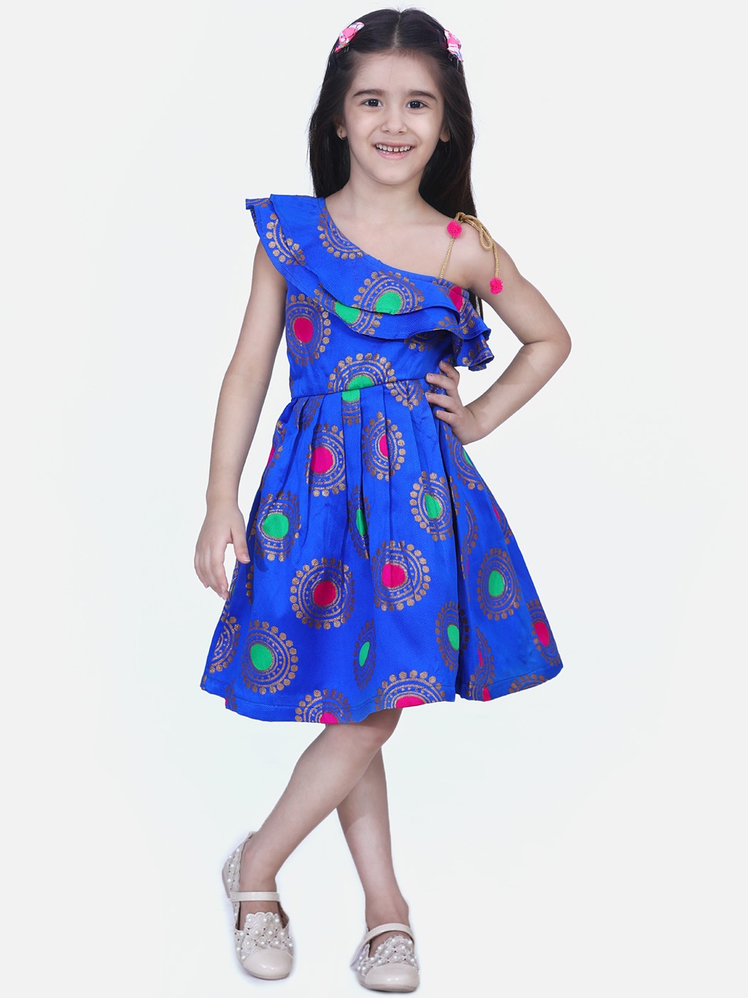 BownBee Girls Blue Printed Fit and Flare Dress