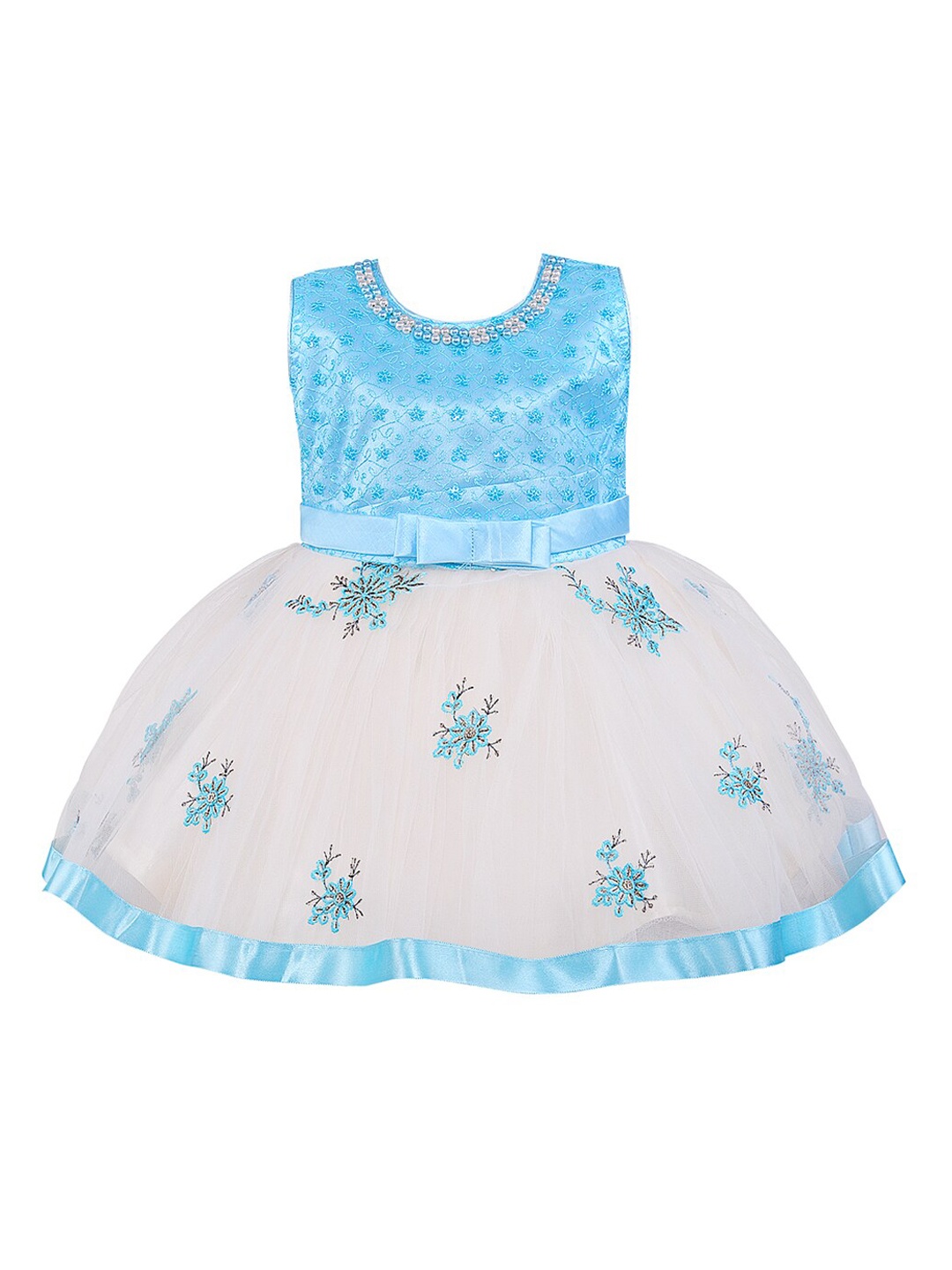 Wish Karo Girls Blue & White Embroidered Fit and Flare Dress