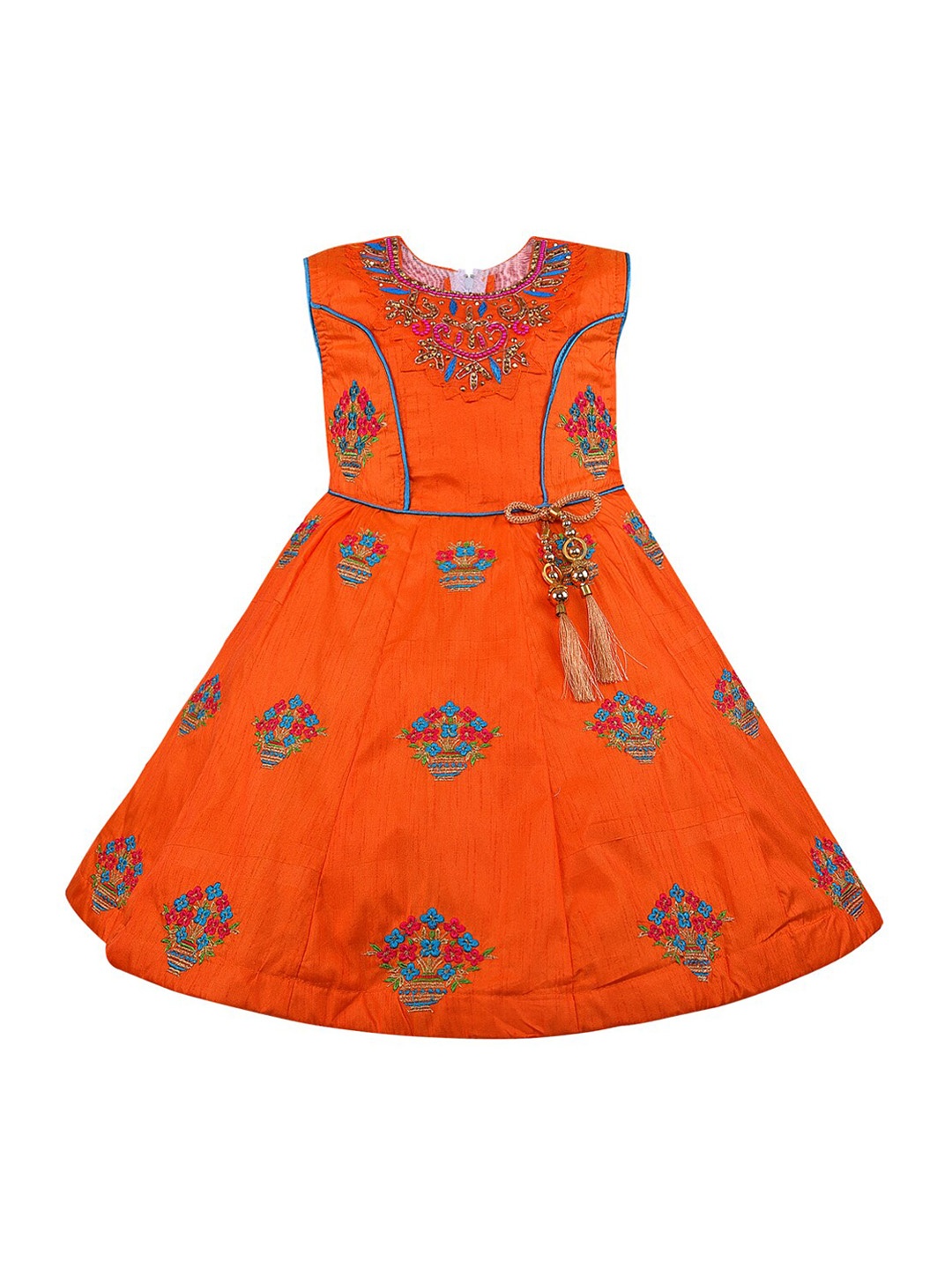 Wish Karo Girls Orange Embroidered Fit and Flare Dress