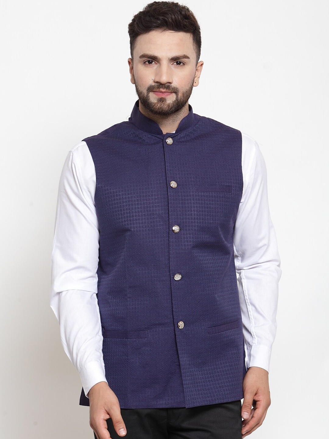 

Jompers Men Navy Blue Solid Nehru Jacket