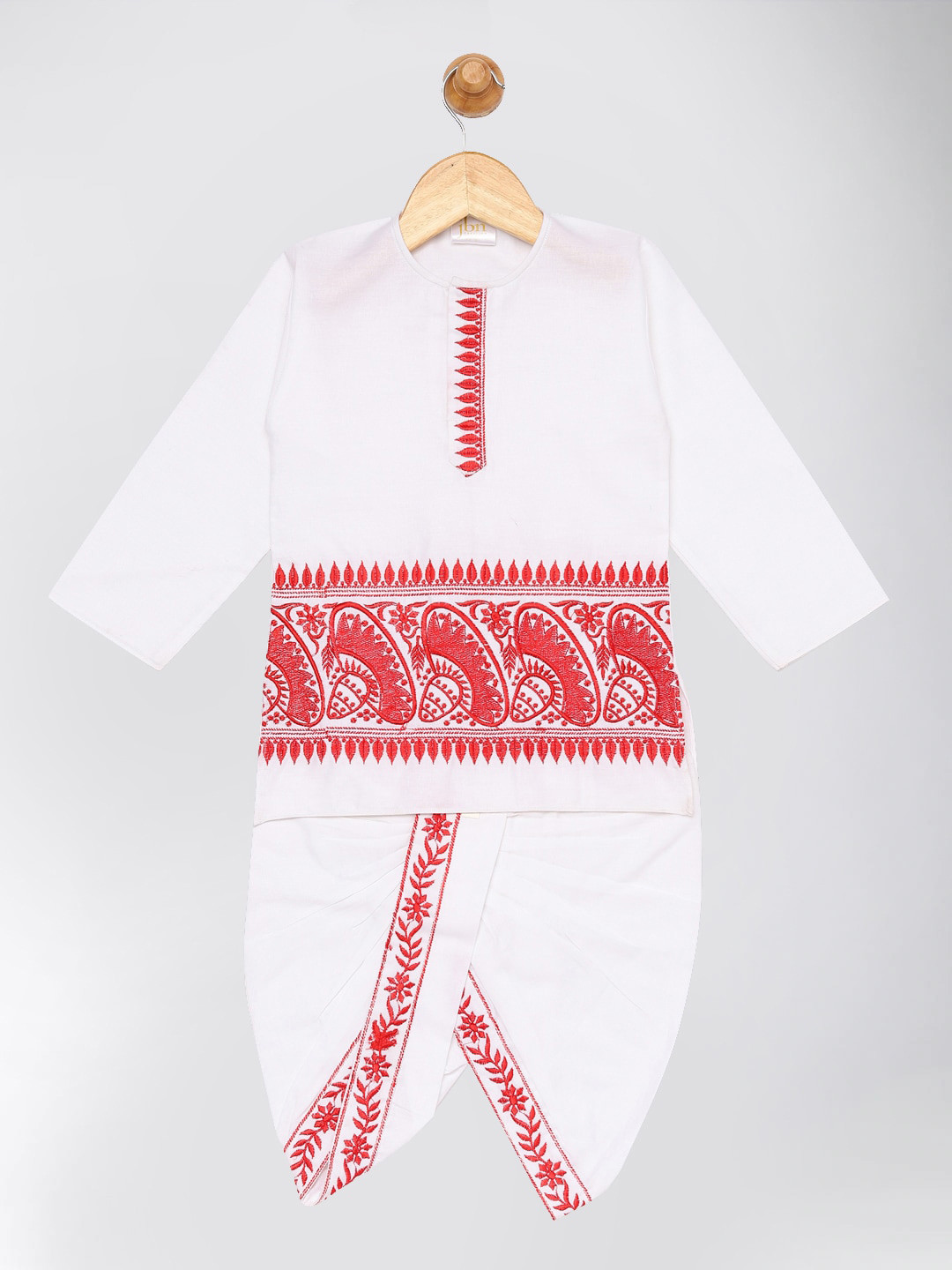 

JBN Creation Boys White & Maroon Embroidered Assamese Dhoti Kurta