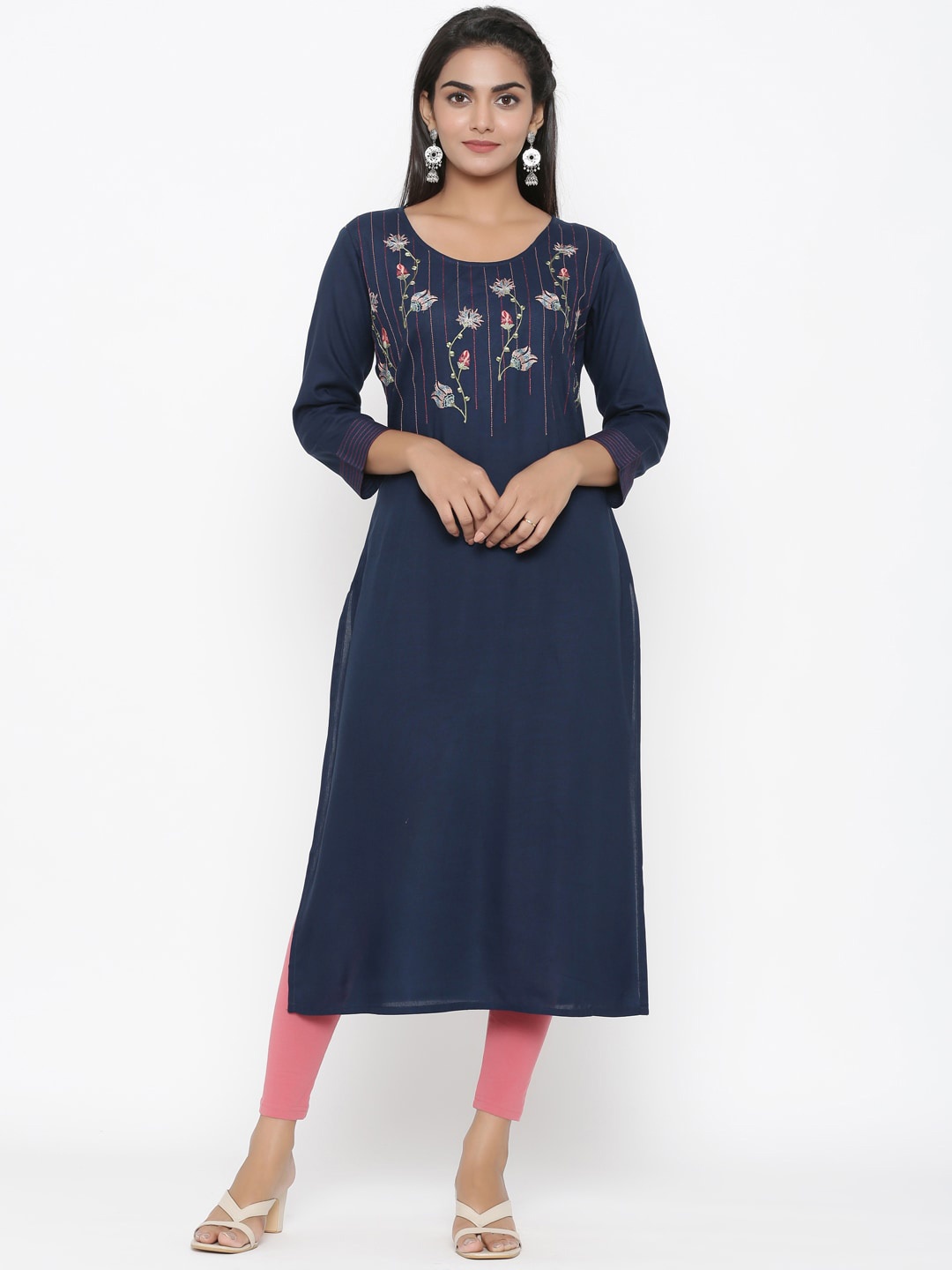 

Yufta Women Navy Blue Embroidered A-Line Kurta