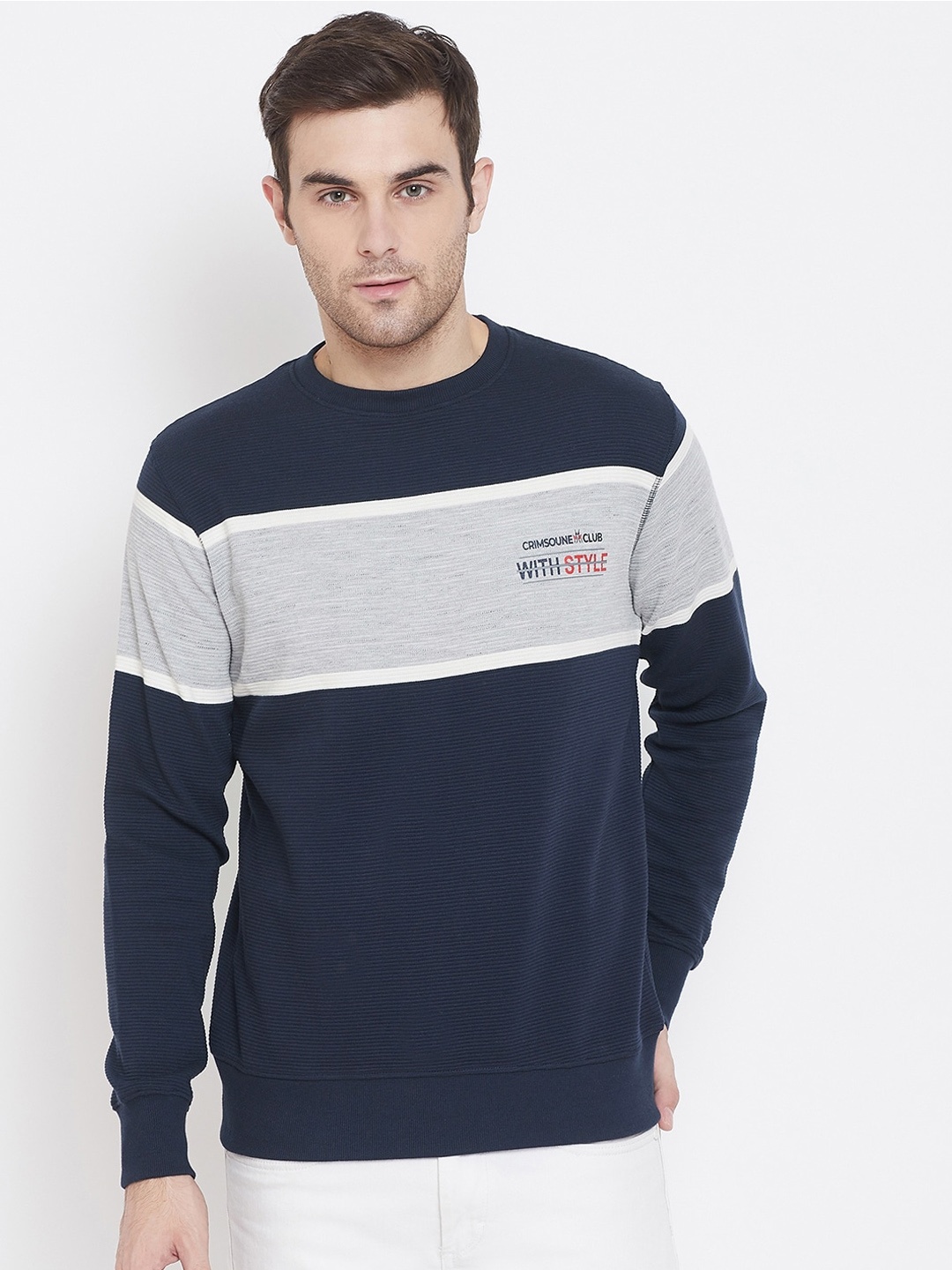 

Crimsoune Club Men Navy Blue Colourblocked Sweatshirt