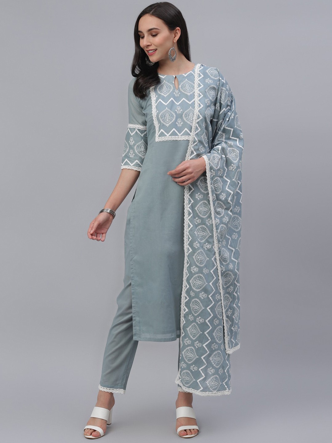 

Gerua By Libas Women Grey Yoke Design Pure Cotton Kurta with Trousers Dupatta