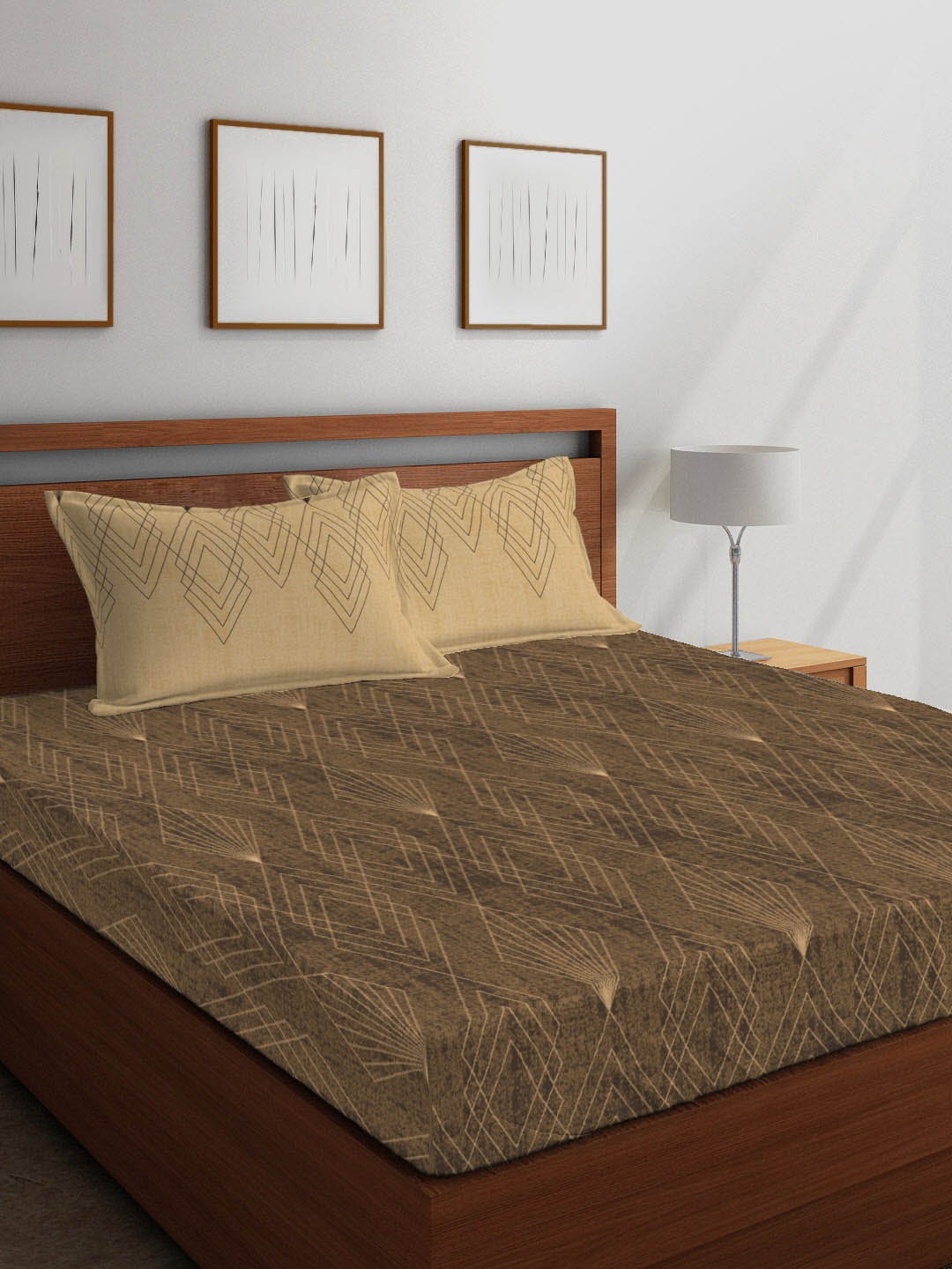 Layers Brown & Beige Geometric 104 TC Cotton 1 Single Bedsheet with 1 Pillow Covers