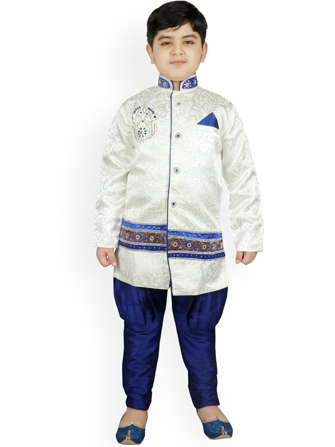 

SG YUVRAJ Boys Cream-Coloured & Blue Raw Silk Sherwani Set