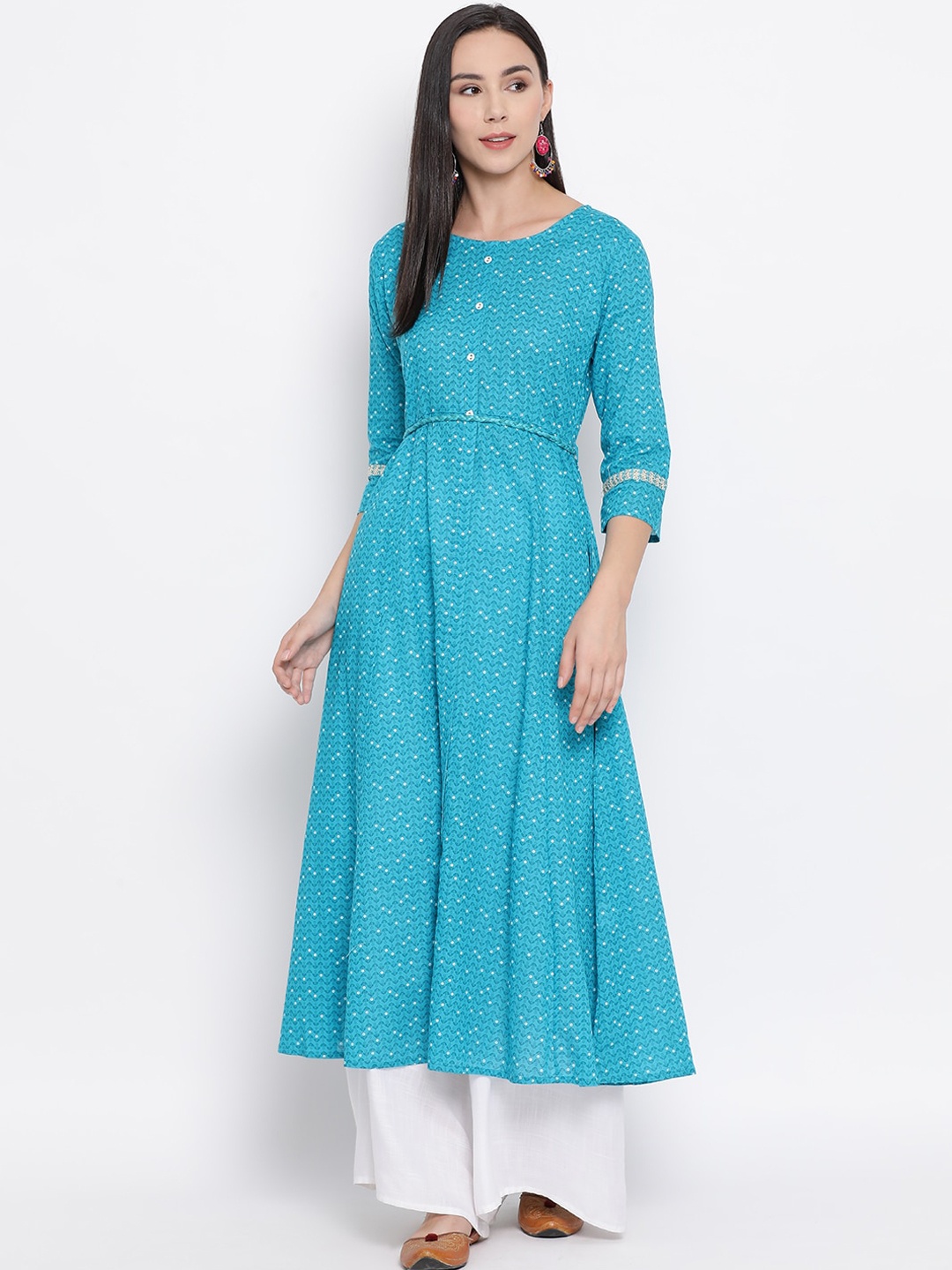 Span Women Turquoise Blue Printed Anarkali Kurta
