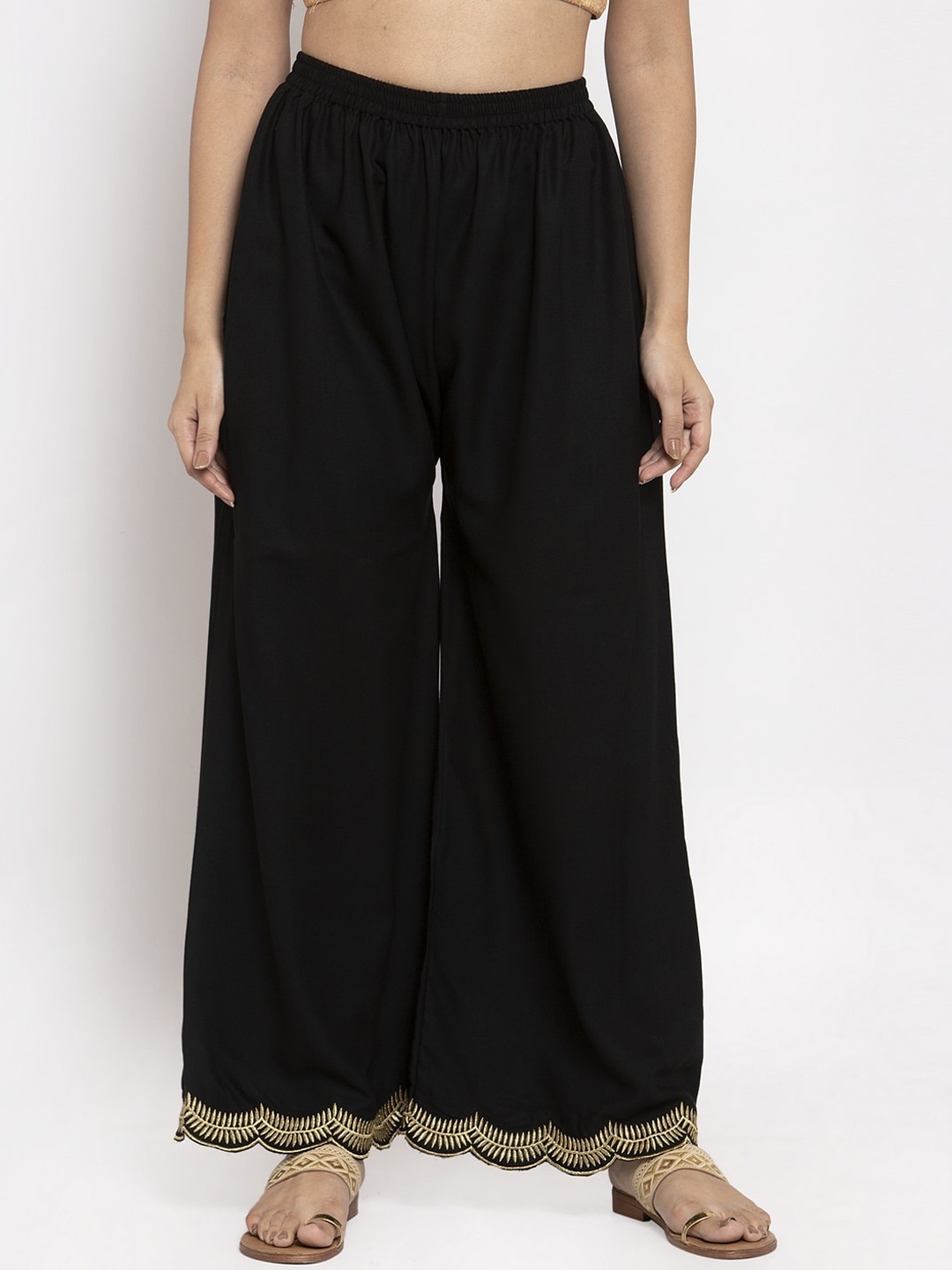 Clora Creation Women Black Hem Design Straight Palazzos