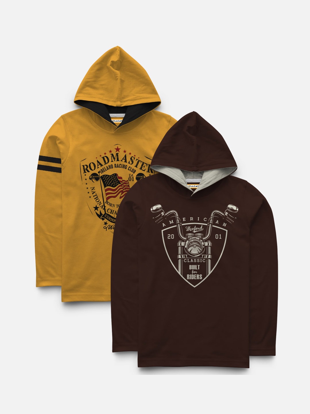 

HELLCAT Boys Pack Of 2 Mustard Yellow & Black Printed Hood T-shirt