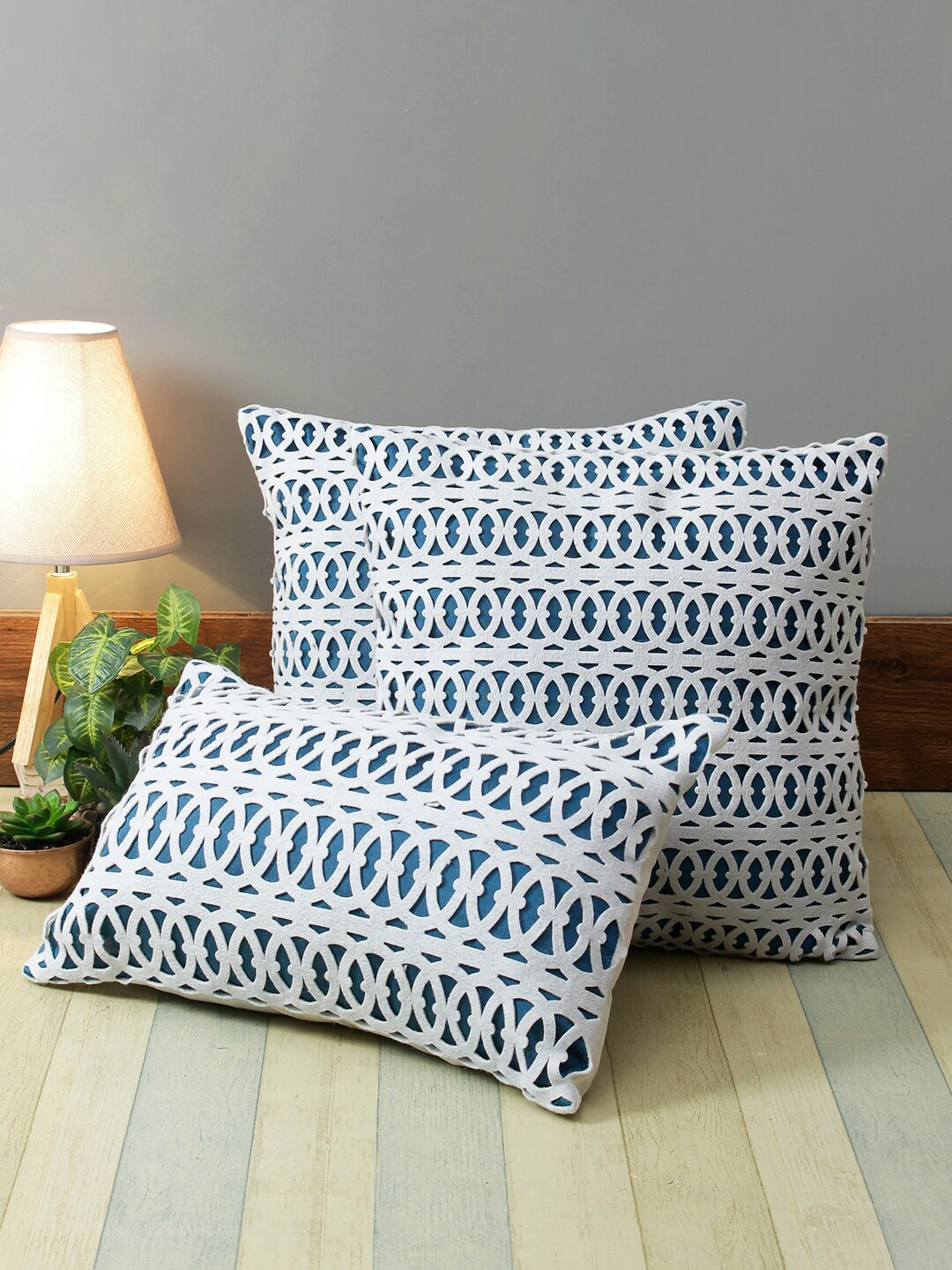 ROMEE Blue & White Set of 3 Geometric Rectangle Cushion Covers