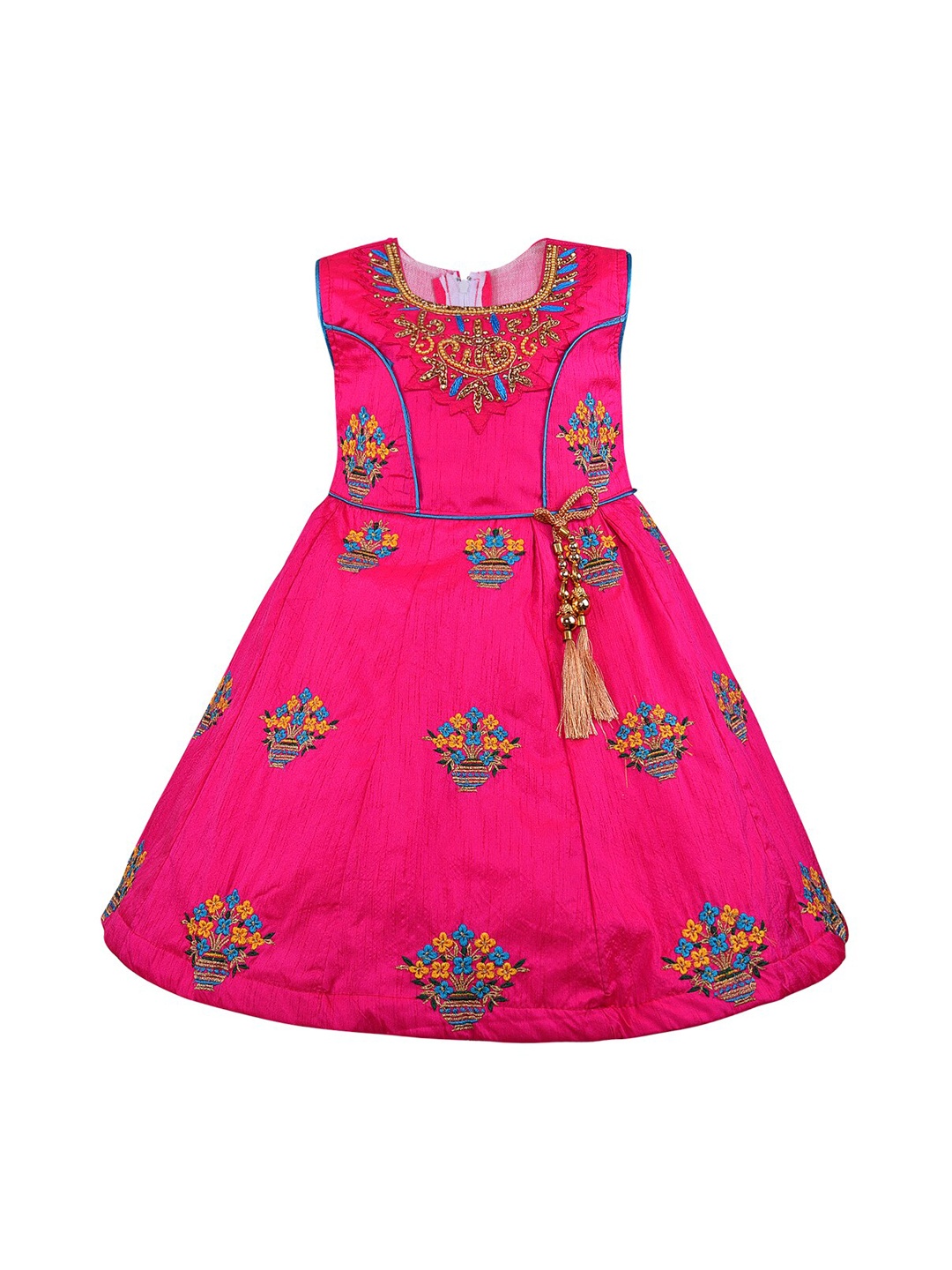 Wish Karo Girls Pink & Blue Embroidered Fit and Flare Dress