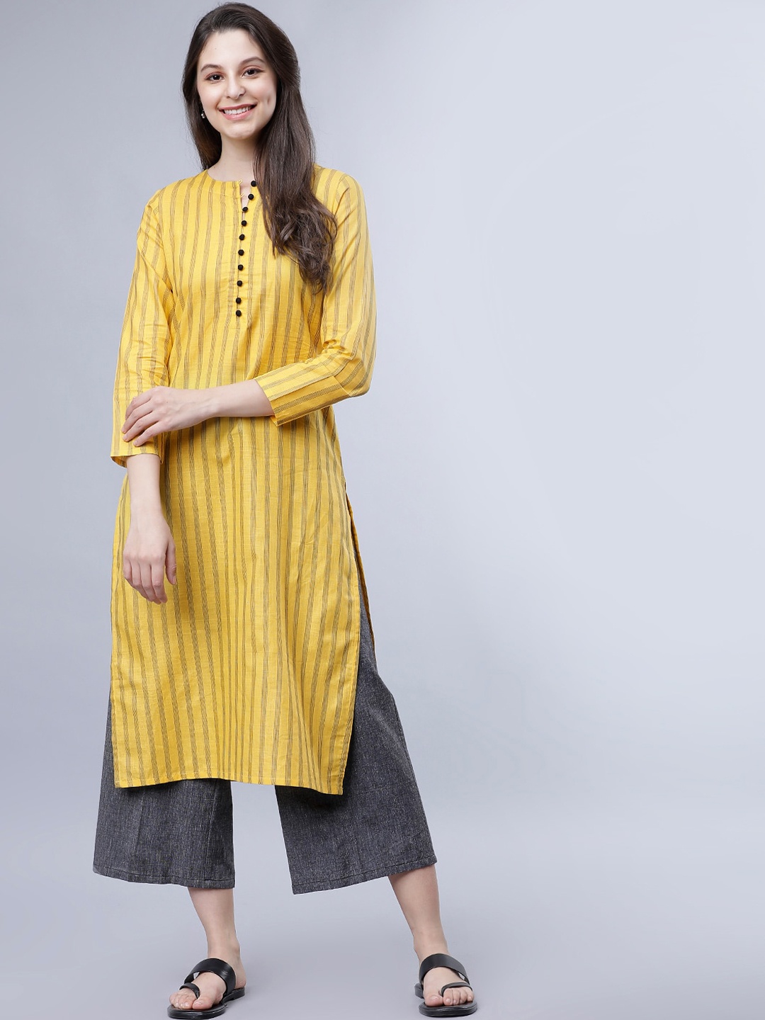 

Vishudh Women Yellow Striped Straight Kurta