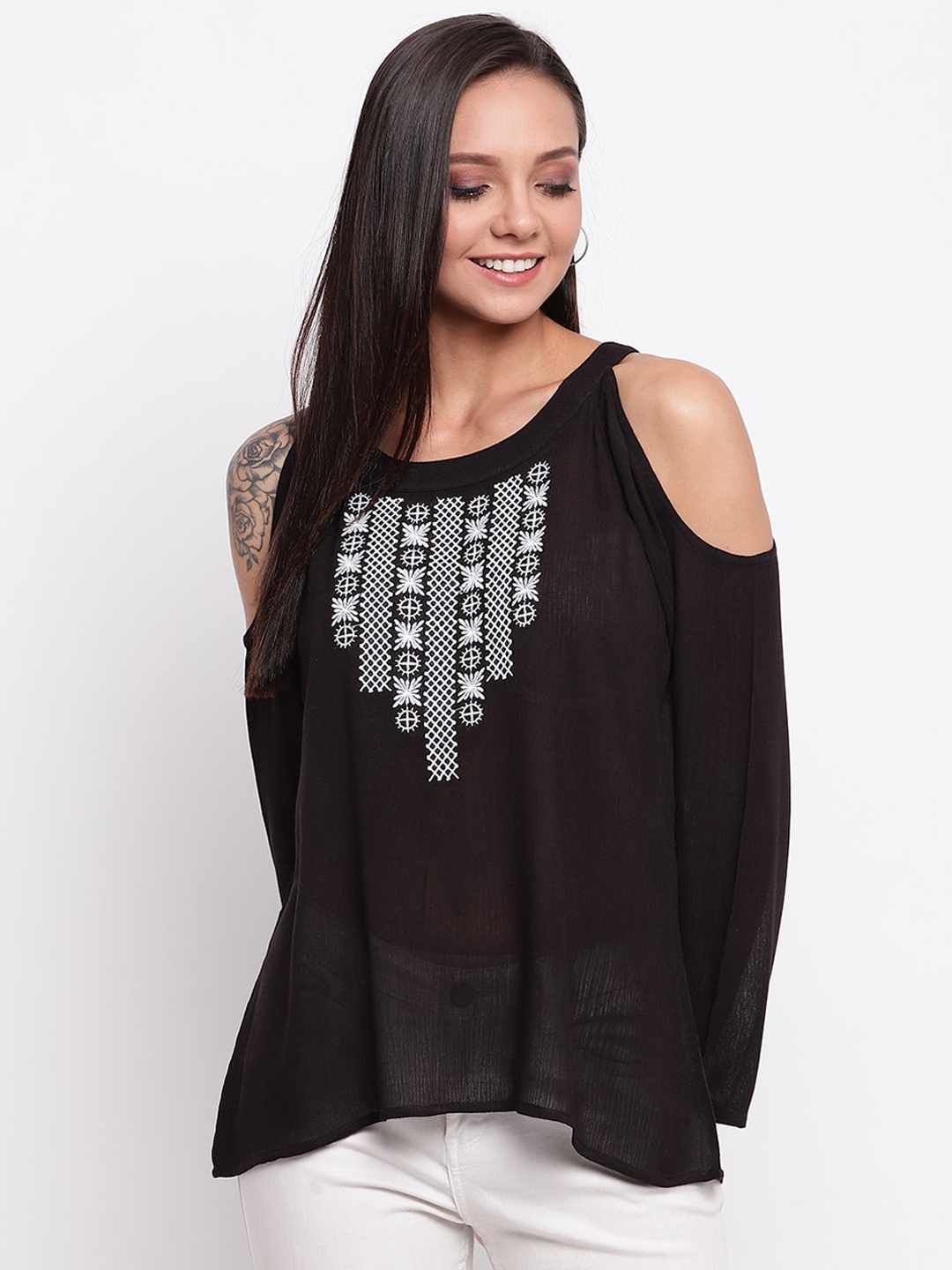 

Mayra Women Black Embroidered Top