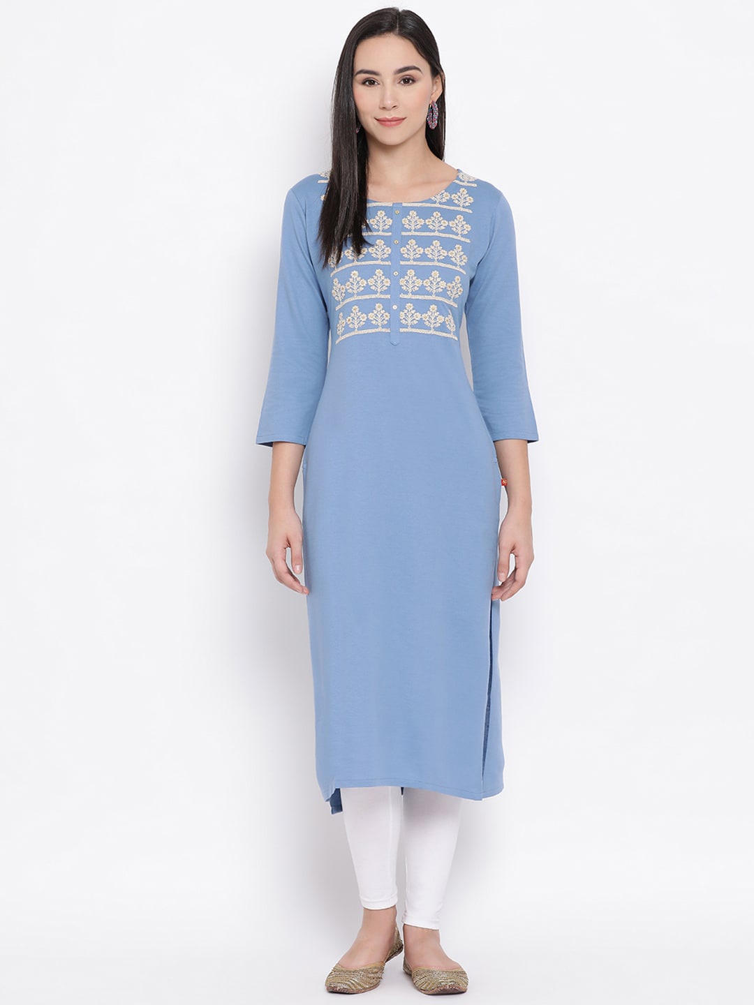 

Span Women Blue & White Yoke Design Straight Kurta