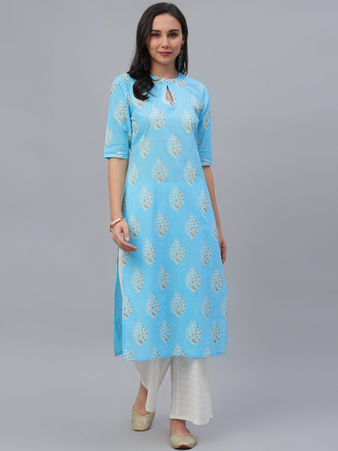 

Gerua By Libas Women Blue Printed Panelled Pure Cotton Kurta with Palazzos