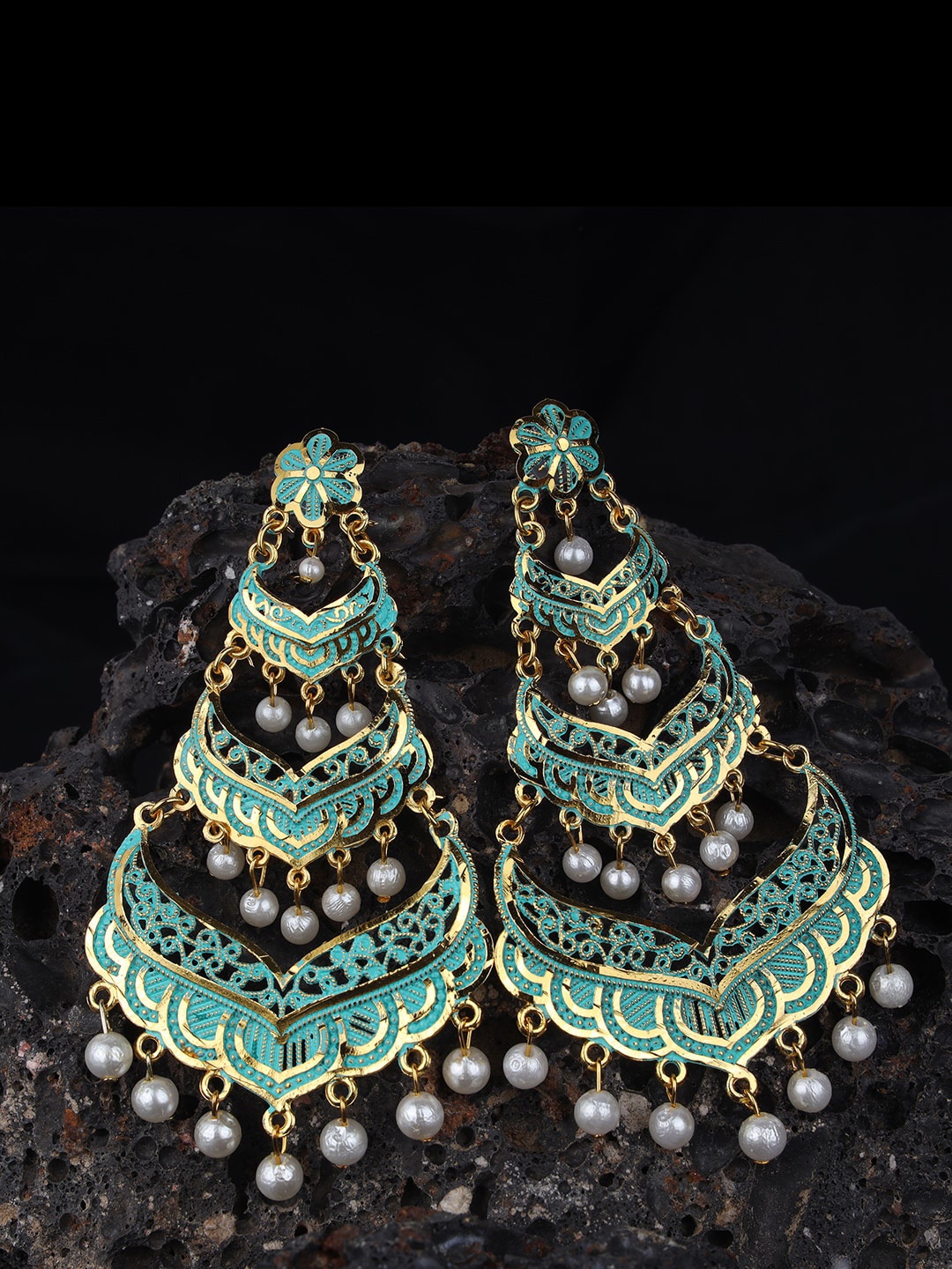 ANIKAS CREATION Sea Green & Gold-Toned Leaf Shaped Drop Earrings