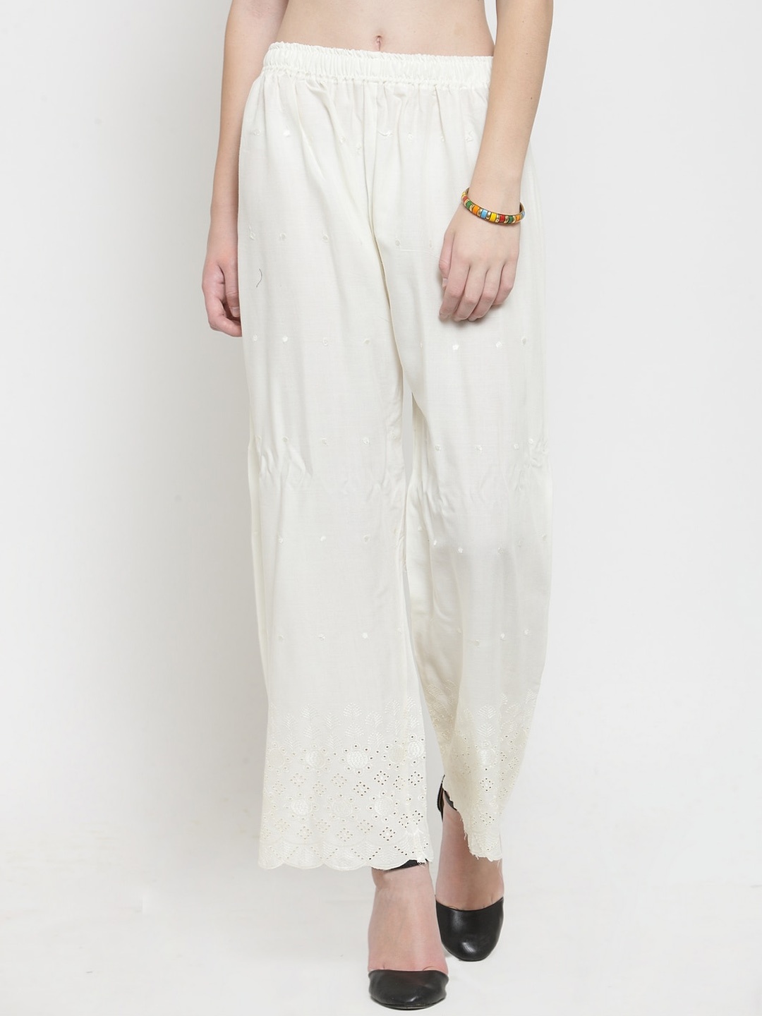 

Clora Creation Women Off-White Self Design Wide Leg Palazzos