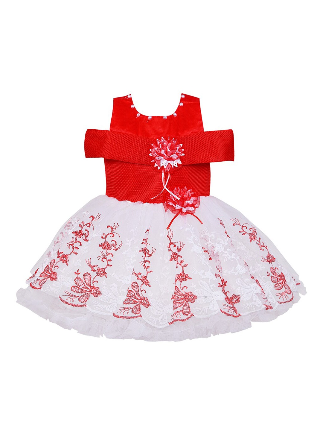 

Wish Karo Girls Red & White Colourblocked Fit and Flare Dress
