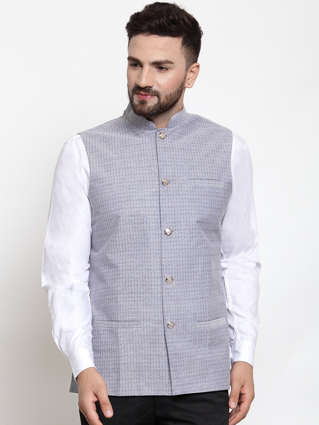 

Jompers Men Grey Self-Design Nehru Jacket