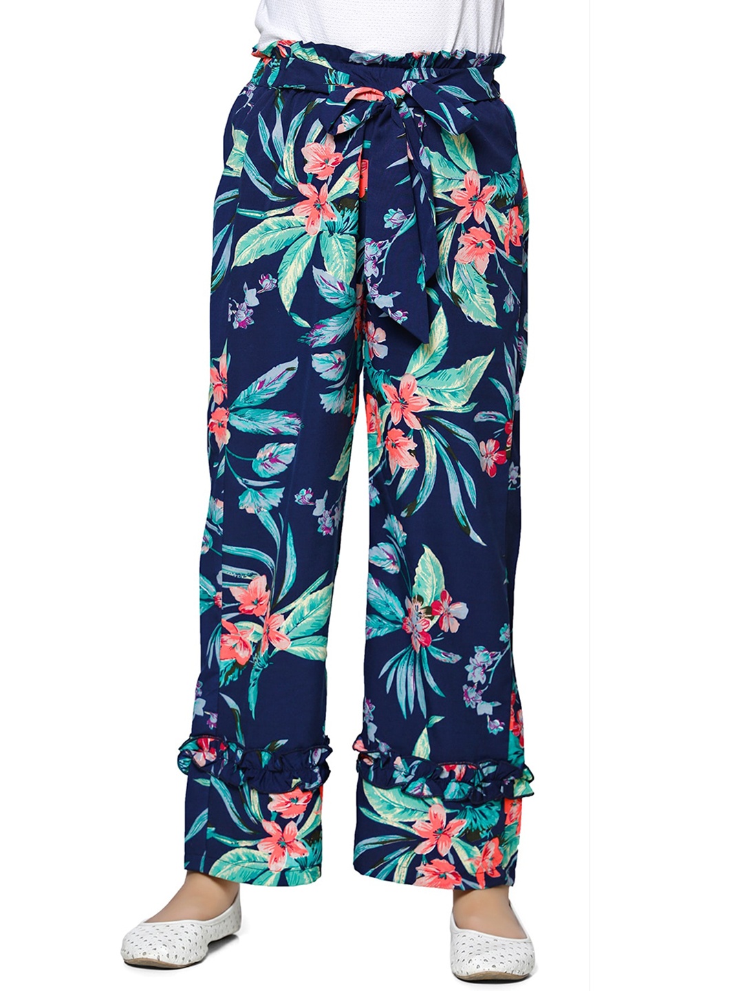 

Cutiekins Girls Navy Blue & Green Printed Straight Palazzos