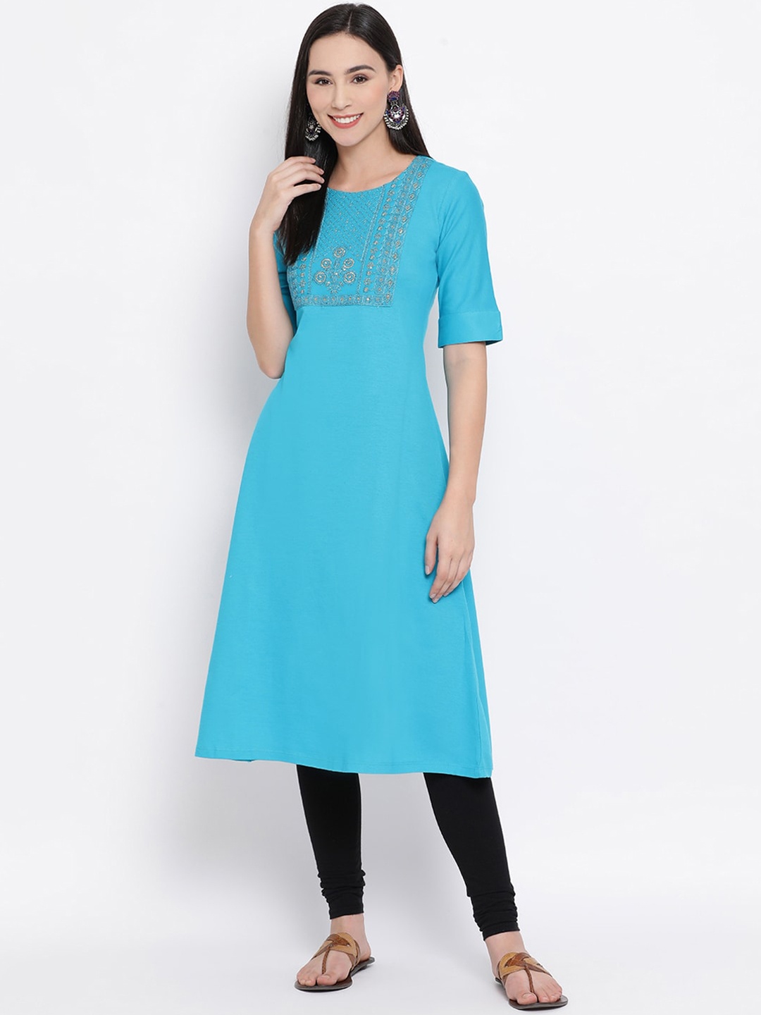 

Span Women Turquoise Blue Embroidered A-Line Kurta