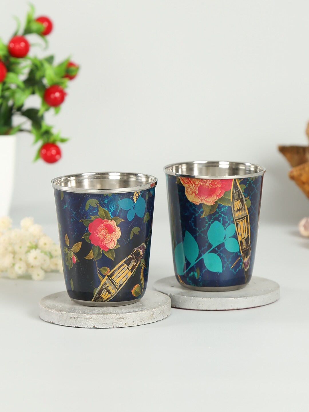 

India Circus by Krsnaa Mehta Navy Blue 2 Pcs Printed Steel Tumblers