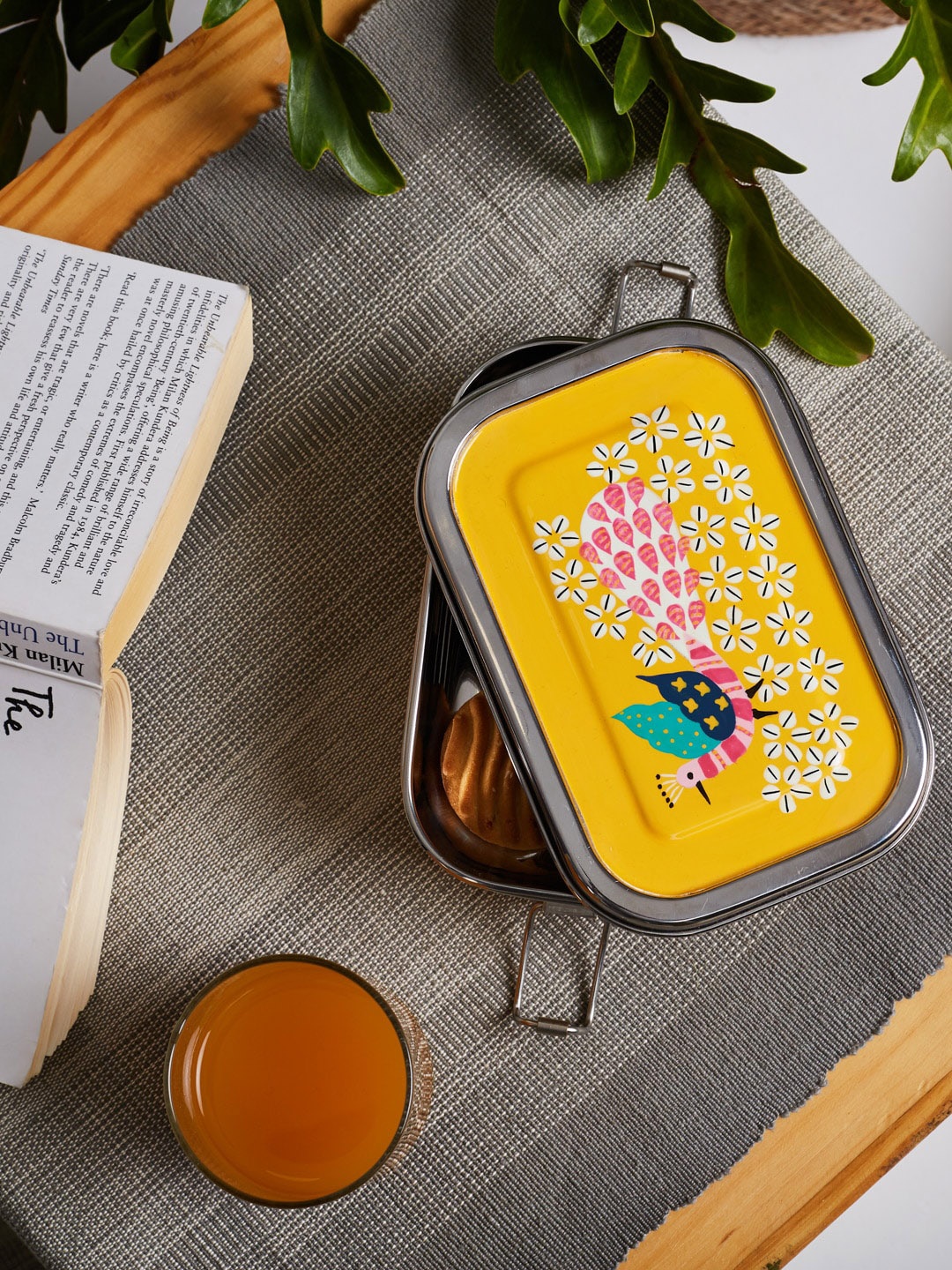 

Chumbak Yellow Gond Art Peacock Hand-Painted Stainless Steel Lunch Box