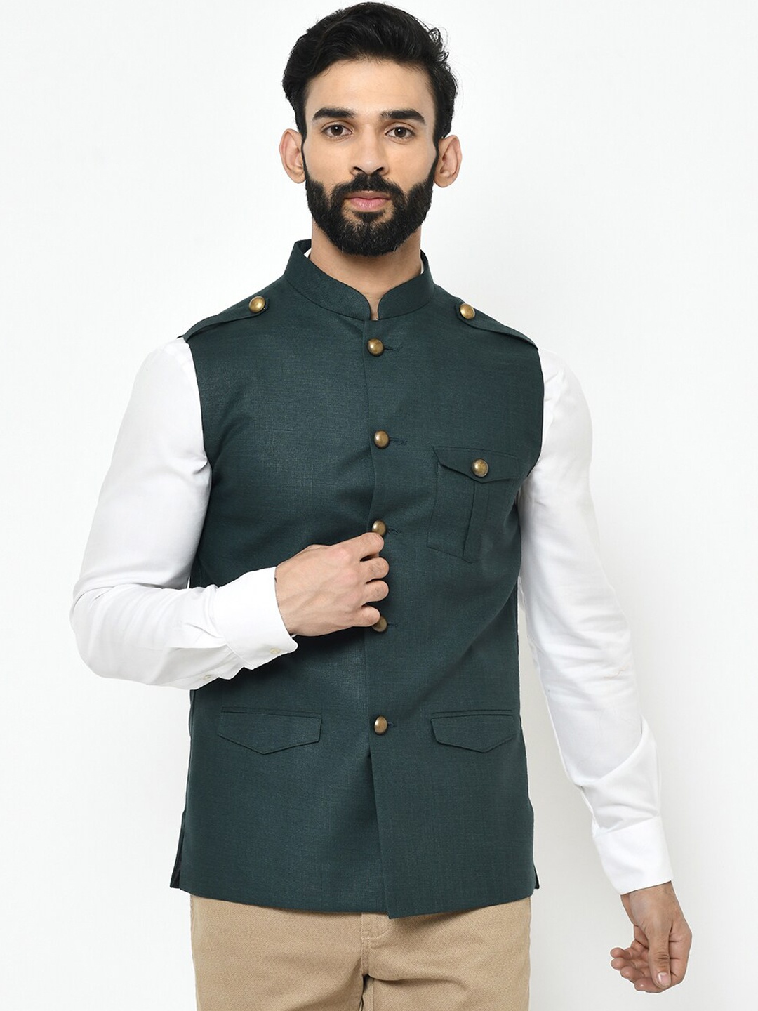 

KISAH Men Green Solid Woven Nehru Jacket