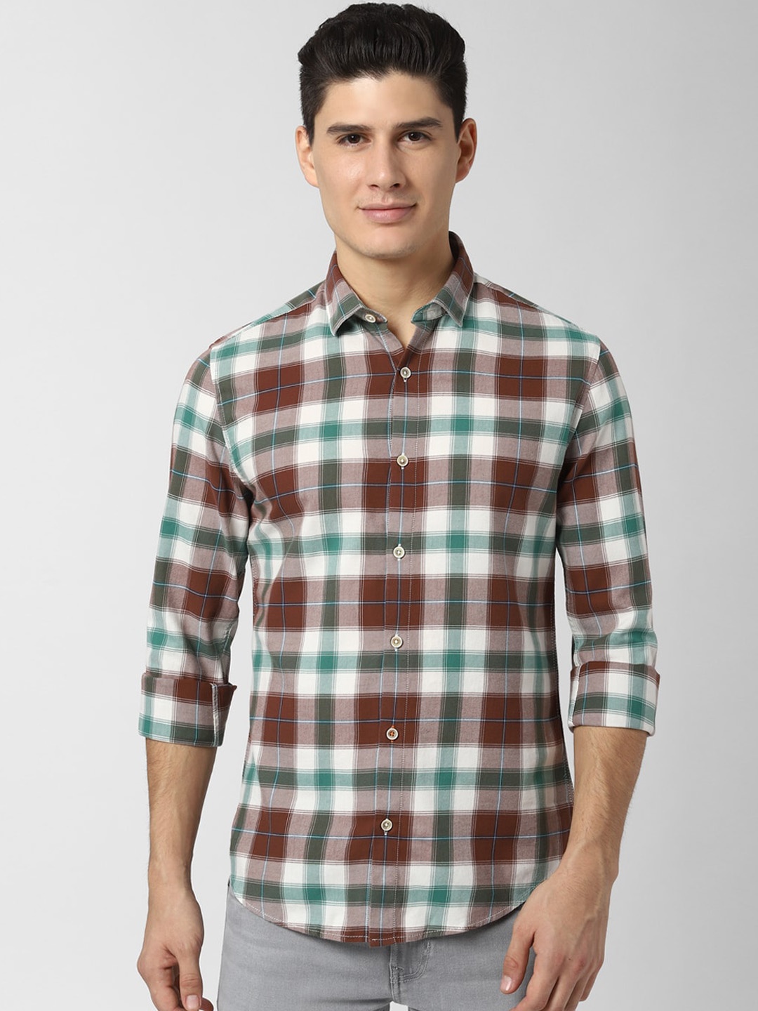 

Peter England Casuals Men Brown & Green Slim Fit Checked Casual Shirt