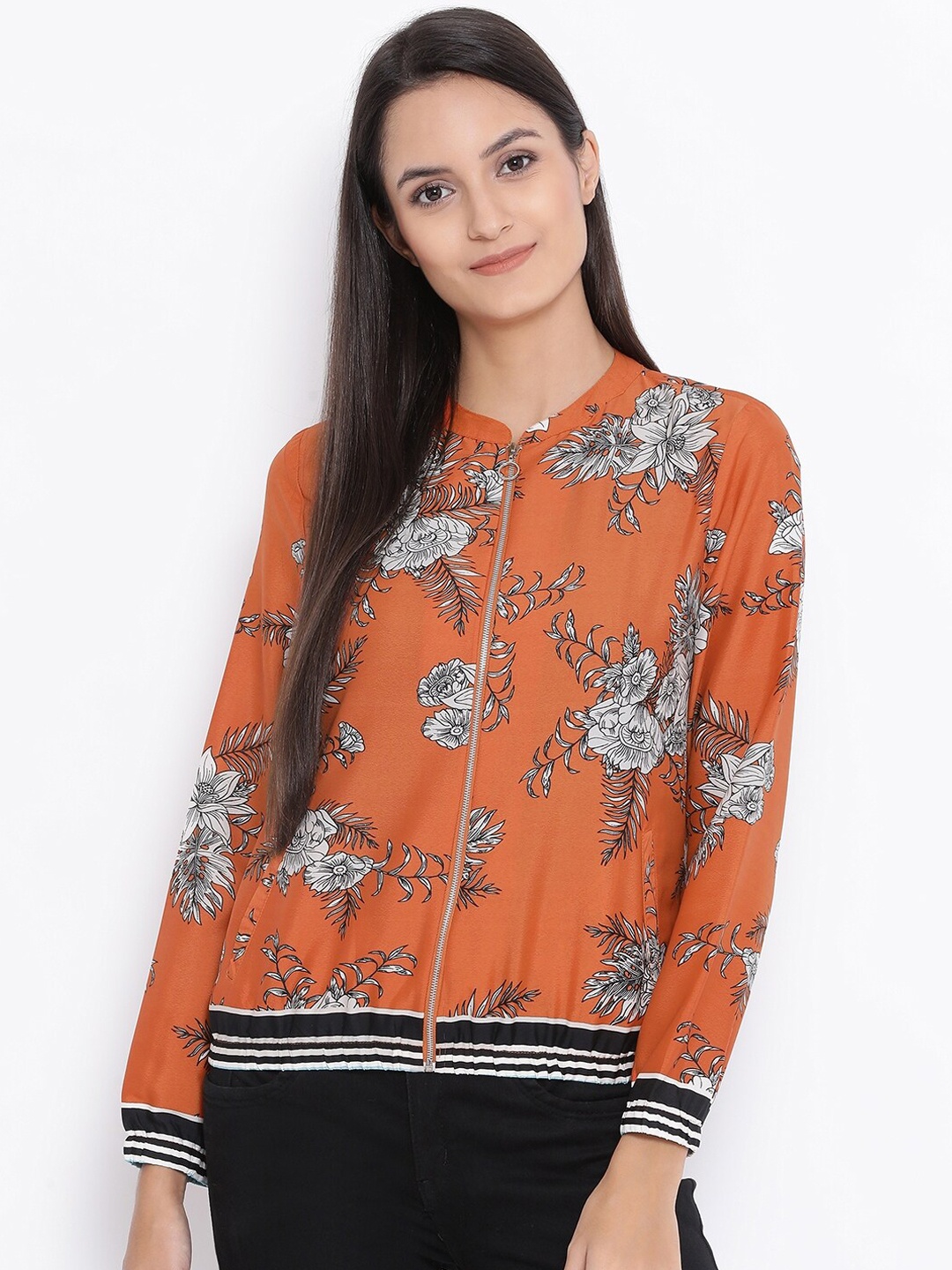 

Oxolloxo Women Rust Orange & White Floral Printed Bomber