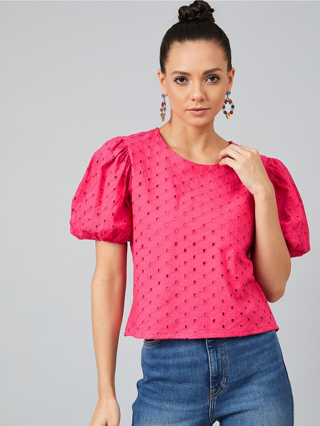 

Athena Women Fuchsia Pink Self Design Pure Cotton Top