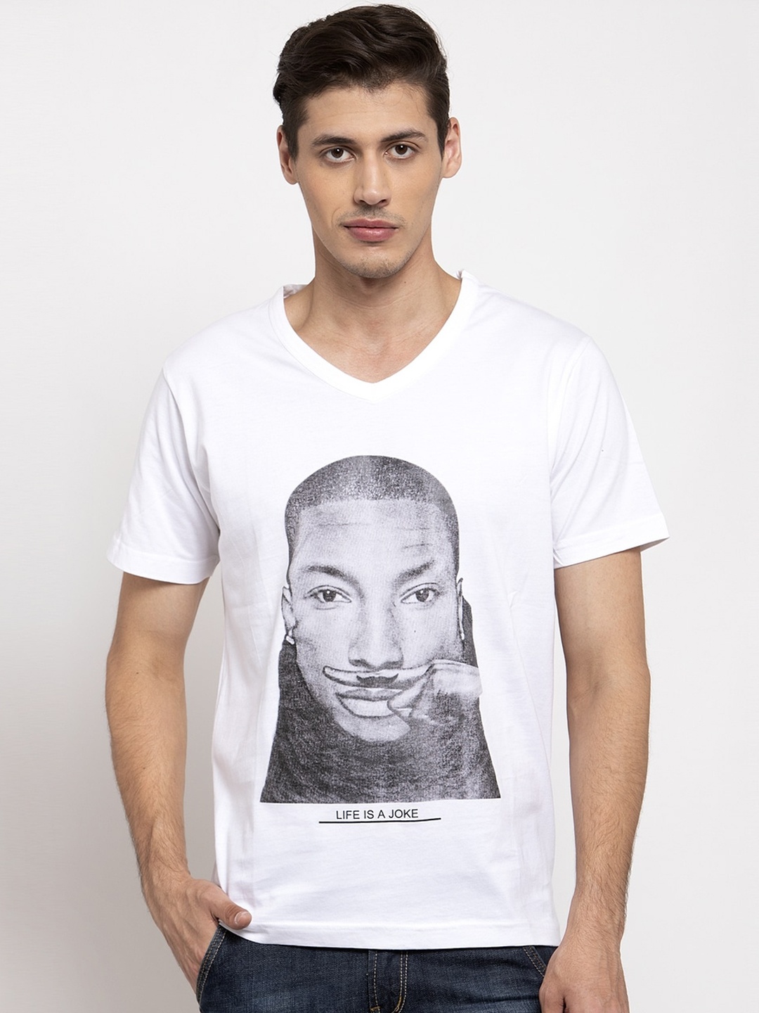 

DOOR74 Men White Printed V-Neck T-shirt