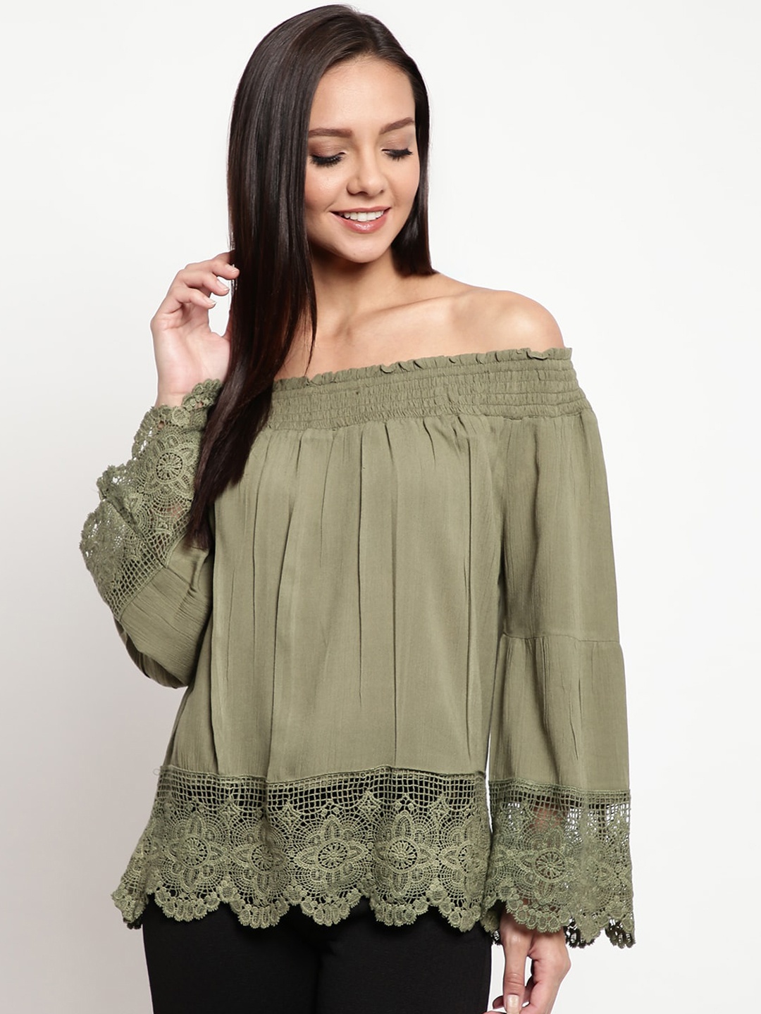 

Mayra Women Olive Green Solid Bardot Top