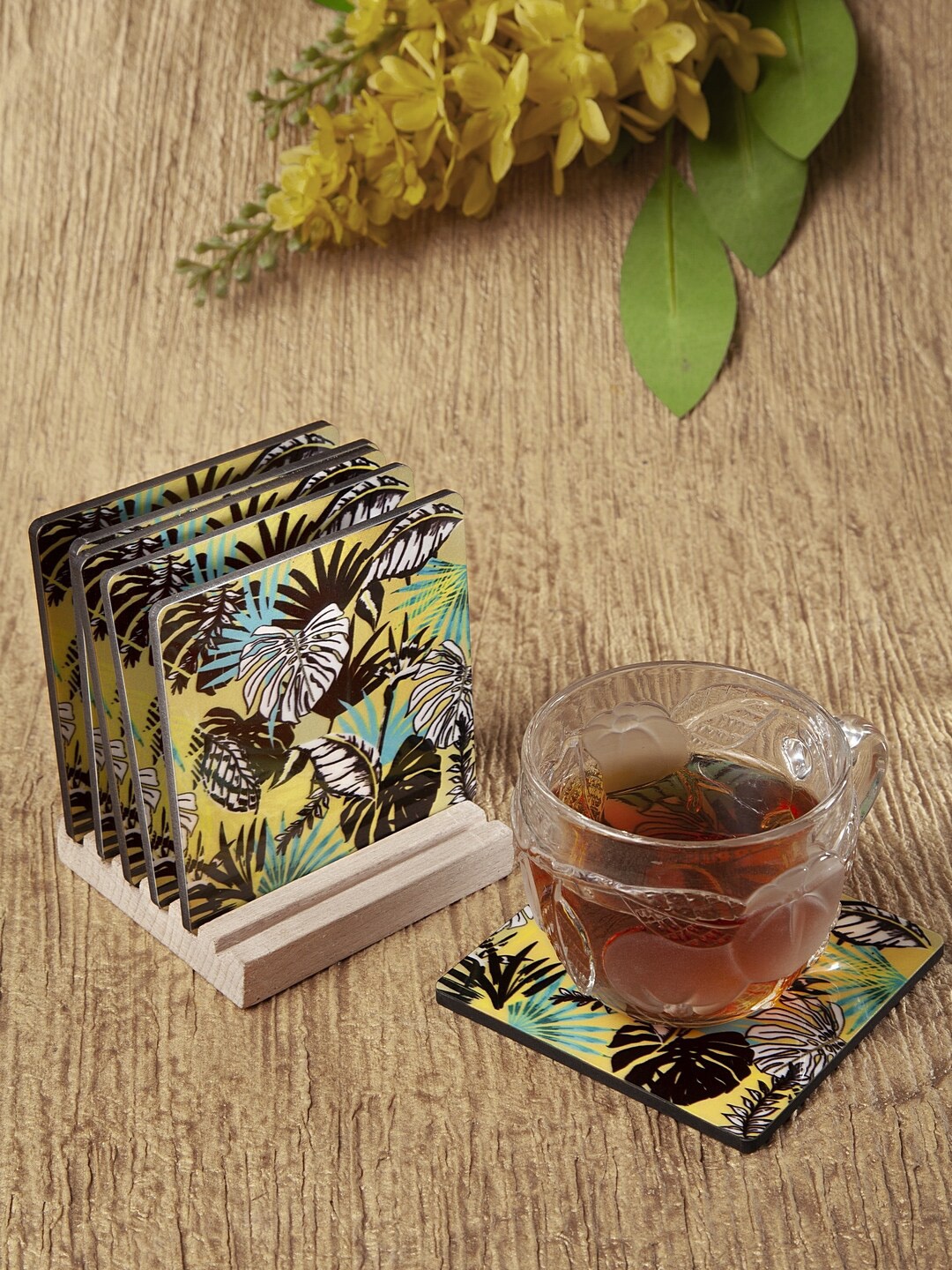 

Alina decor Set Of 6 Yellow & Black Digital Printed Wooden Square Coasters With Stand