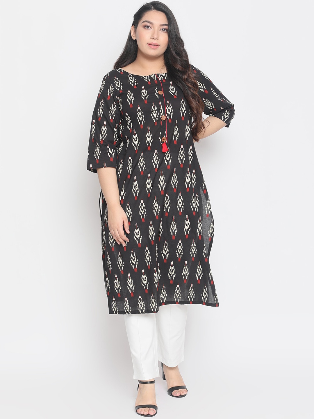 

Amydus Women Plus Size Black & White Printed Straight Kurta