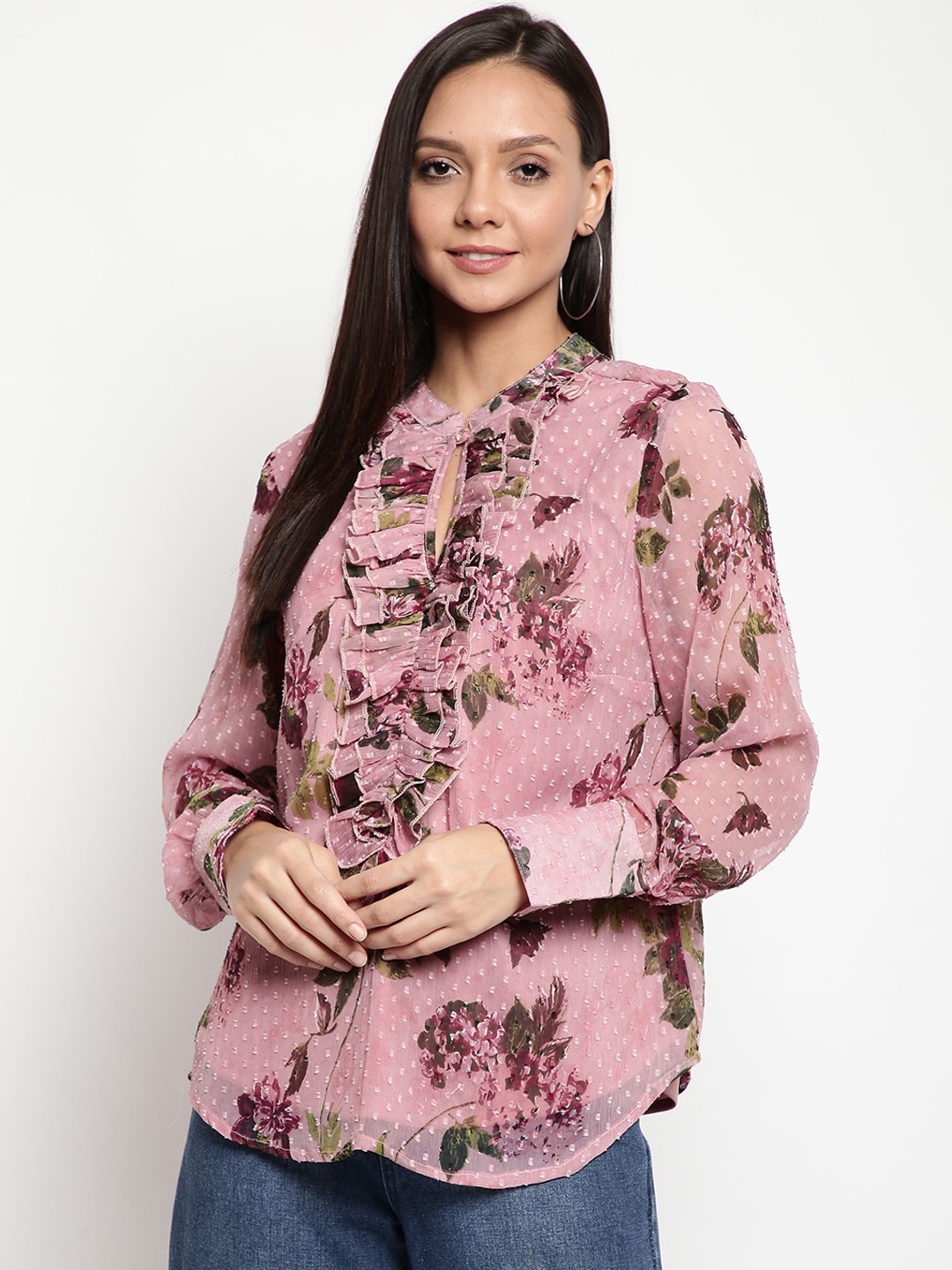 

Mayra Women Pink Printed Shirt Style Top