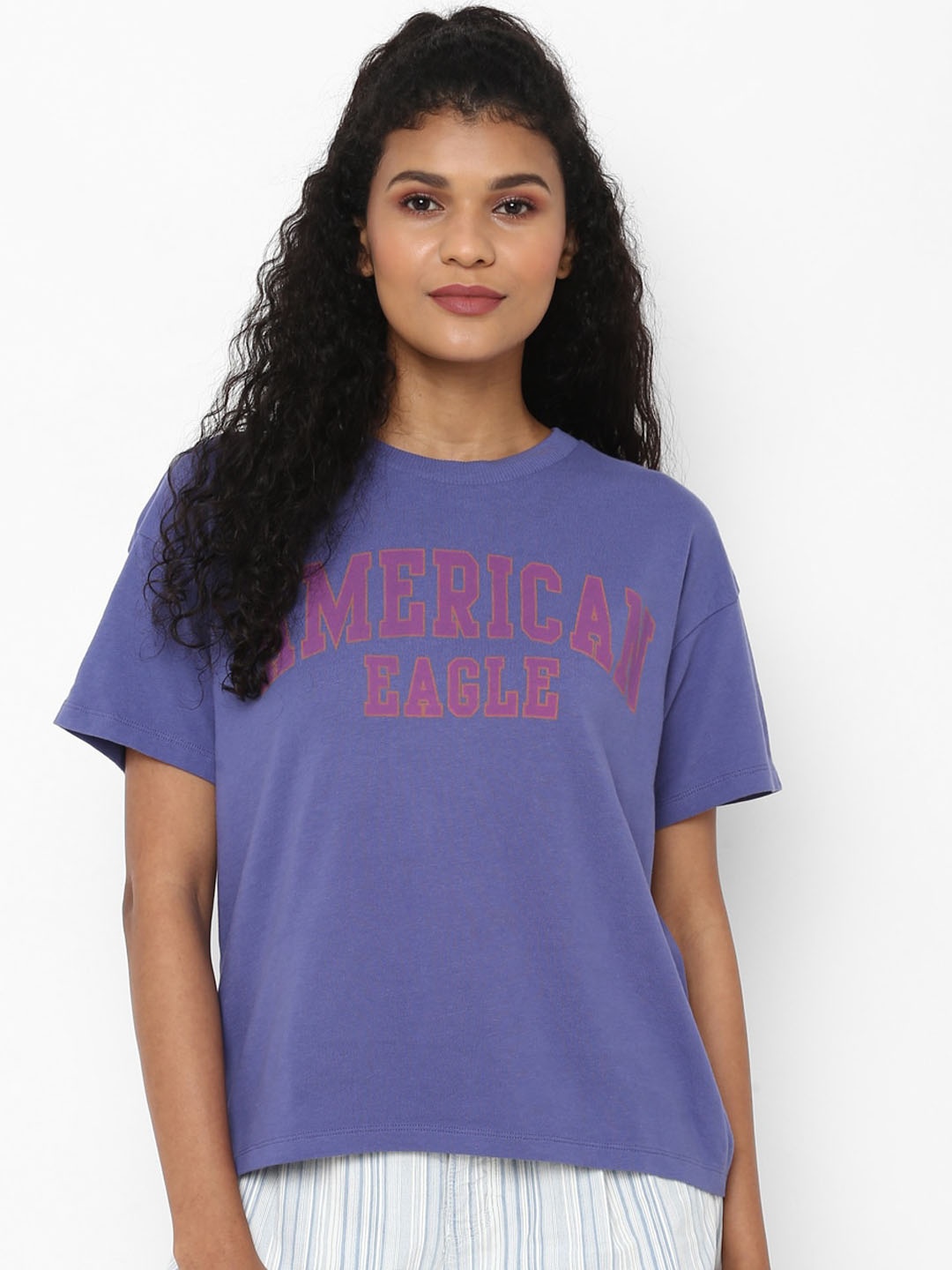 

AMERICAN EAGLE OUTFITTERS Women Blue Printed Round Neck Pure Cotton T-shirt