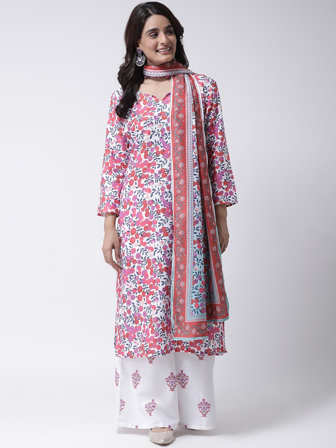 

Hangup Women Pink & White Printed Kurta with Palazzos & Dupatta