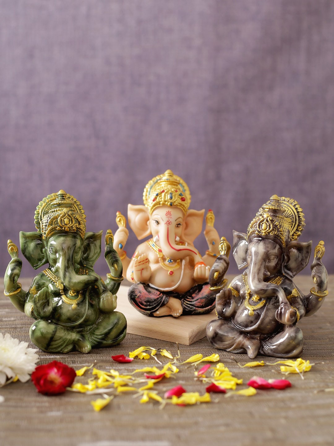 

TIED RIBBONS Set Of 3 Ganesha Idols, Green