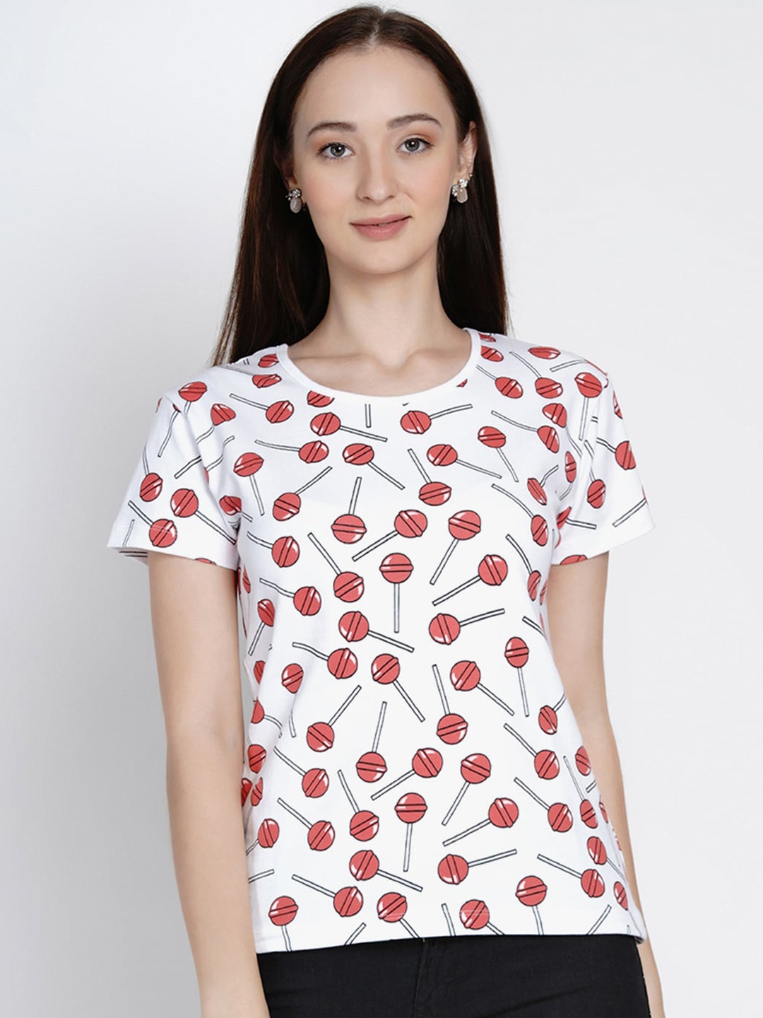

berrytree Women White & Red Printed Round Neck Sustainable T-shirt