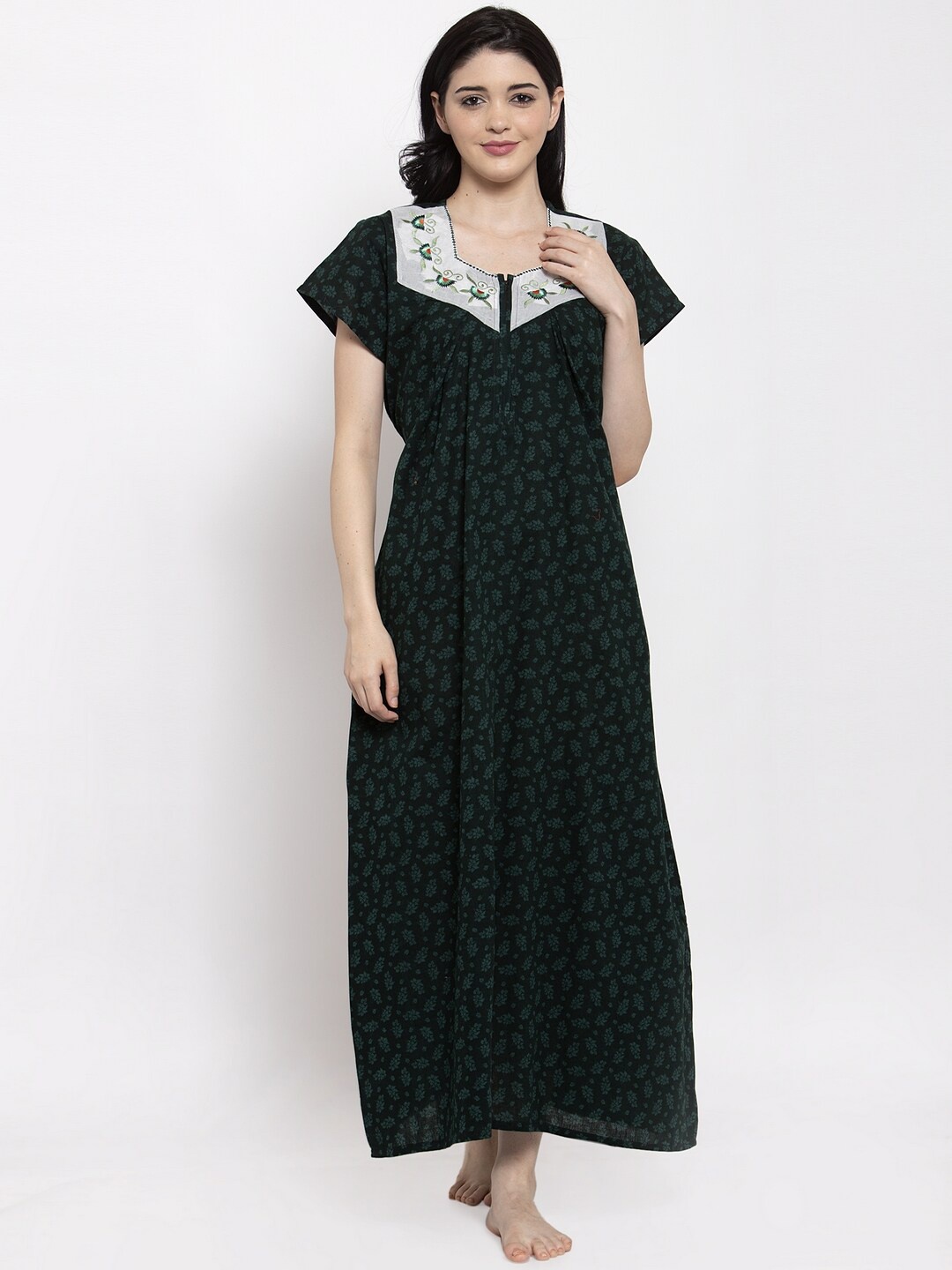 

Secret Wish Olive Green & White Printed Nightdress
