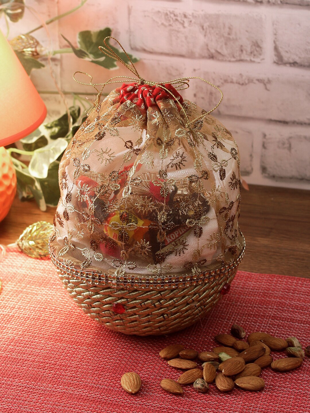 

Aapno Rajasthan Gold & Red Self-Design Multi-Purpose Basket