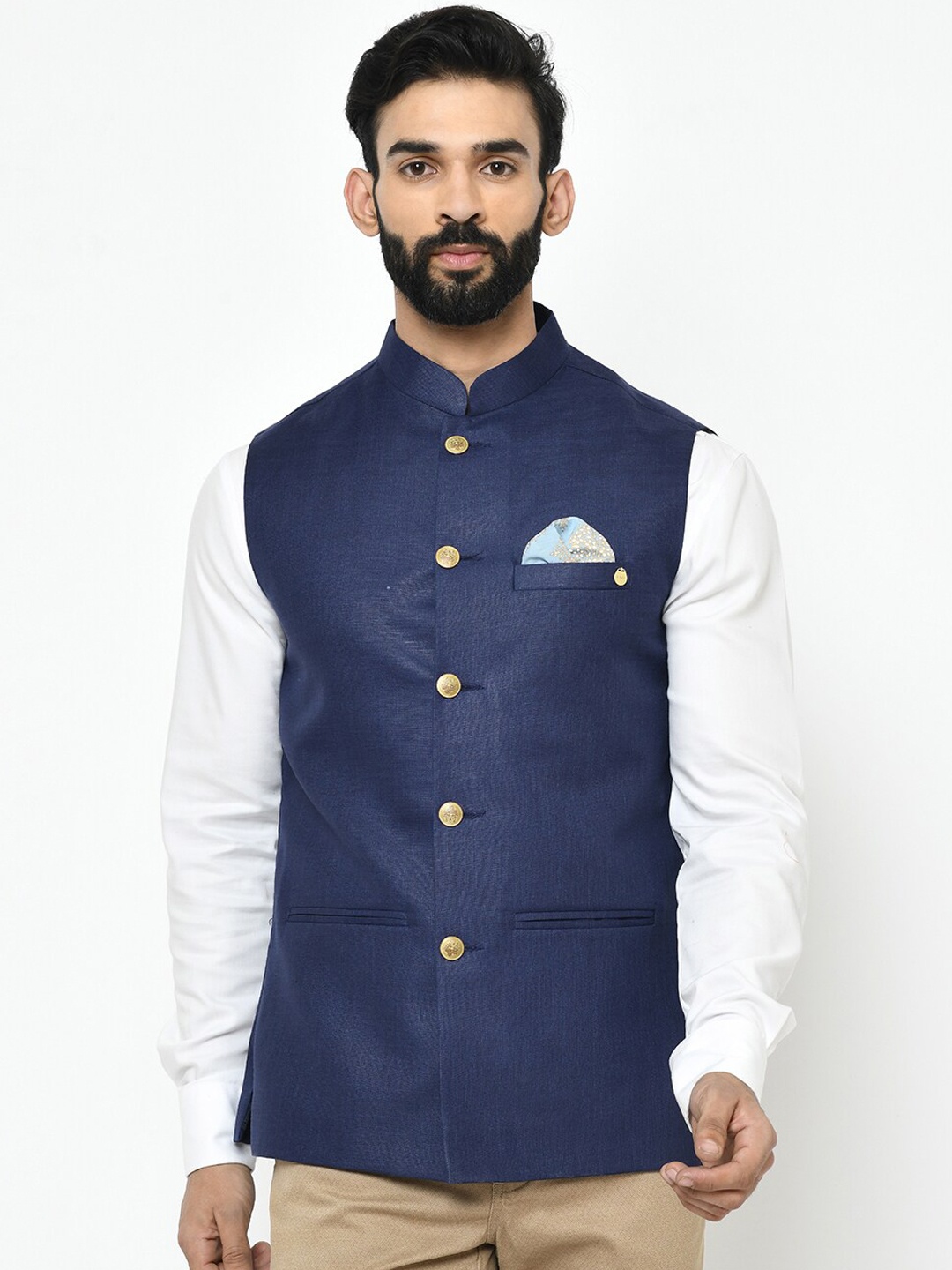

KISAH Men Navy Blue Solid Nehru Jacket