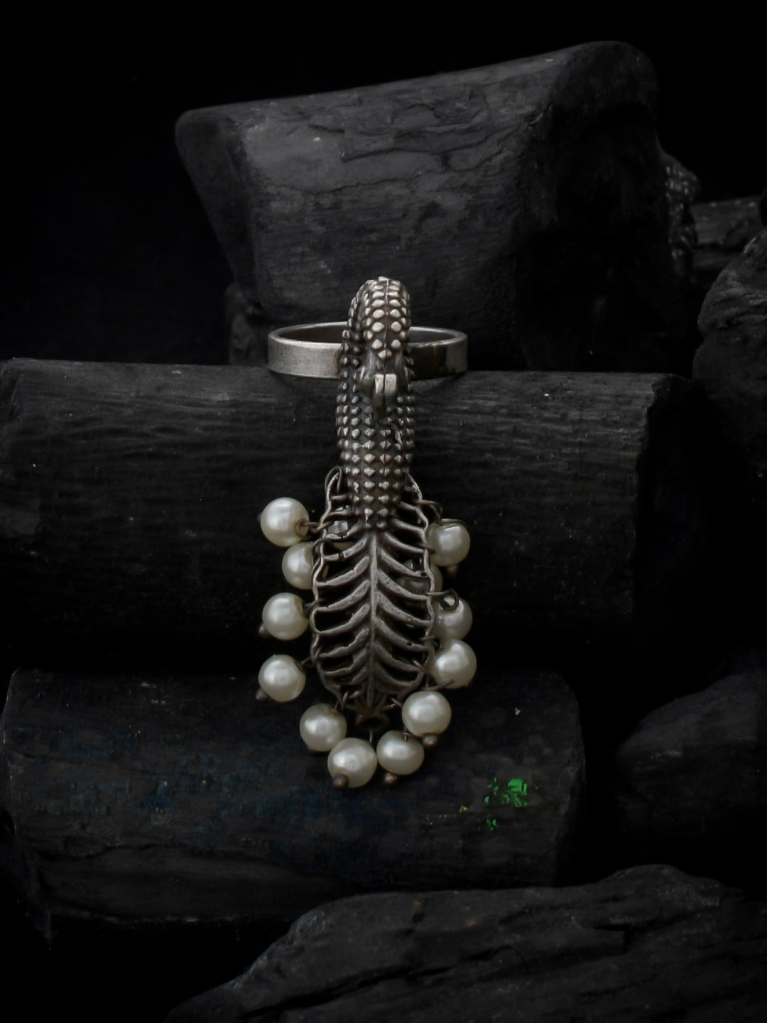 

Silvermerc Designs Oxidised Silver-Plated Off-White Pearl Embellished Handcrafted Adjustable Finger Ring