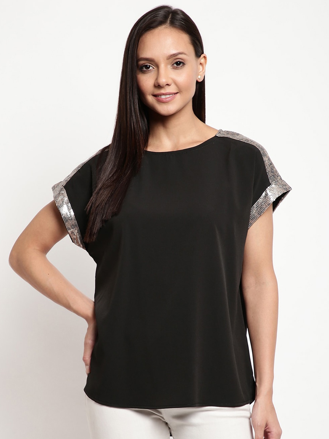 

Mayra Women Black Sequined Sleeve Top