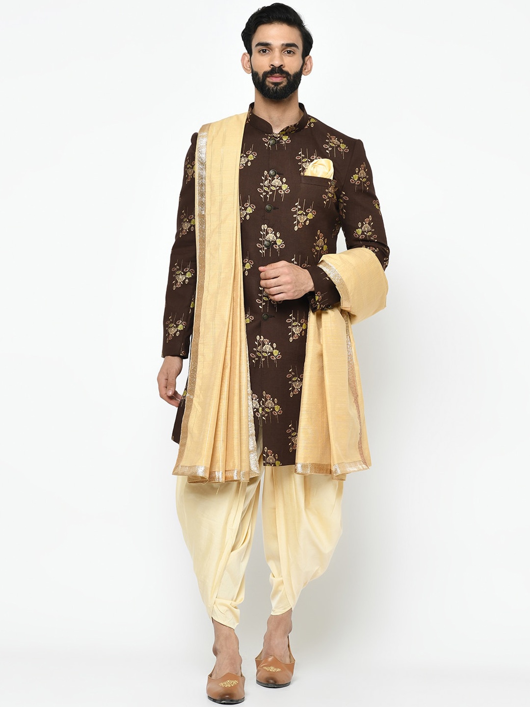 KISAH Men Indowestern Sherwani Dupatta Set, Brown