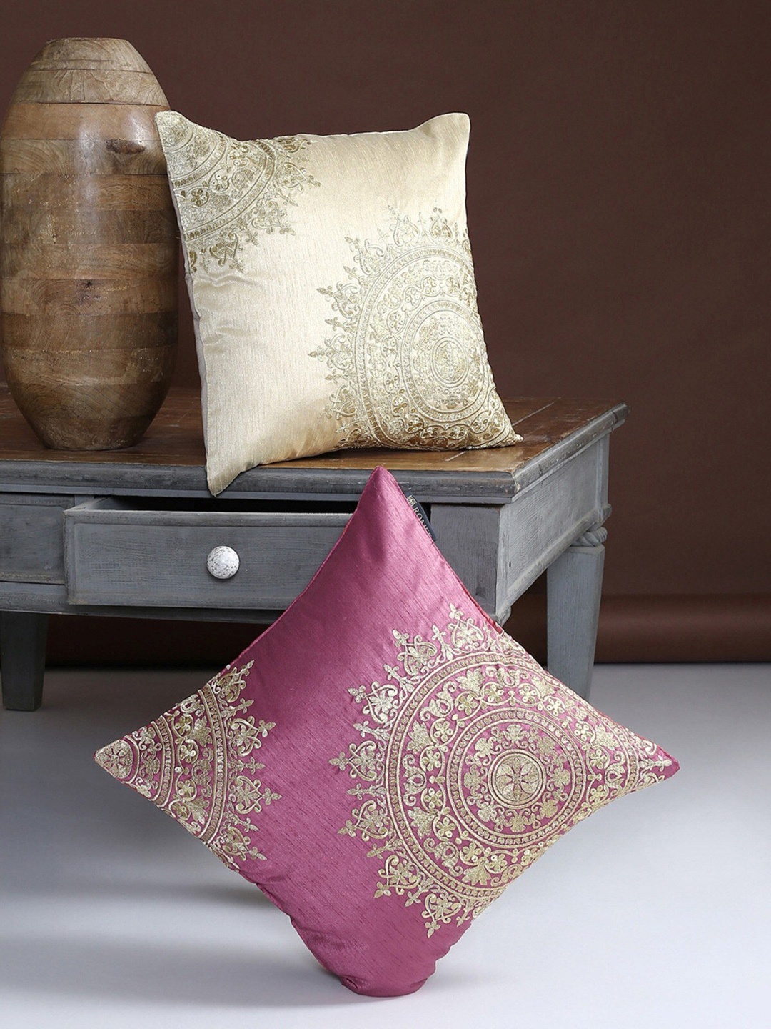 

ROMEE Gold-Toned & Pink Set of 2 Ethnic Motifs Square Cushion Covers