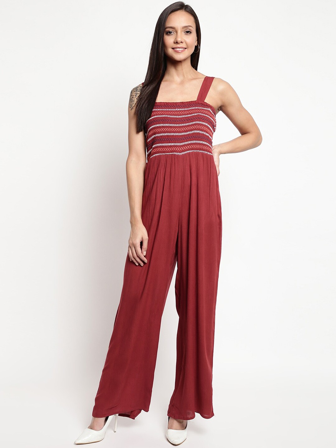 

Mayra Women Maroon Smocked Basic Jumpsuit